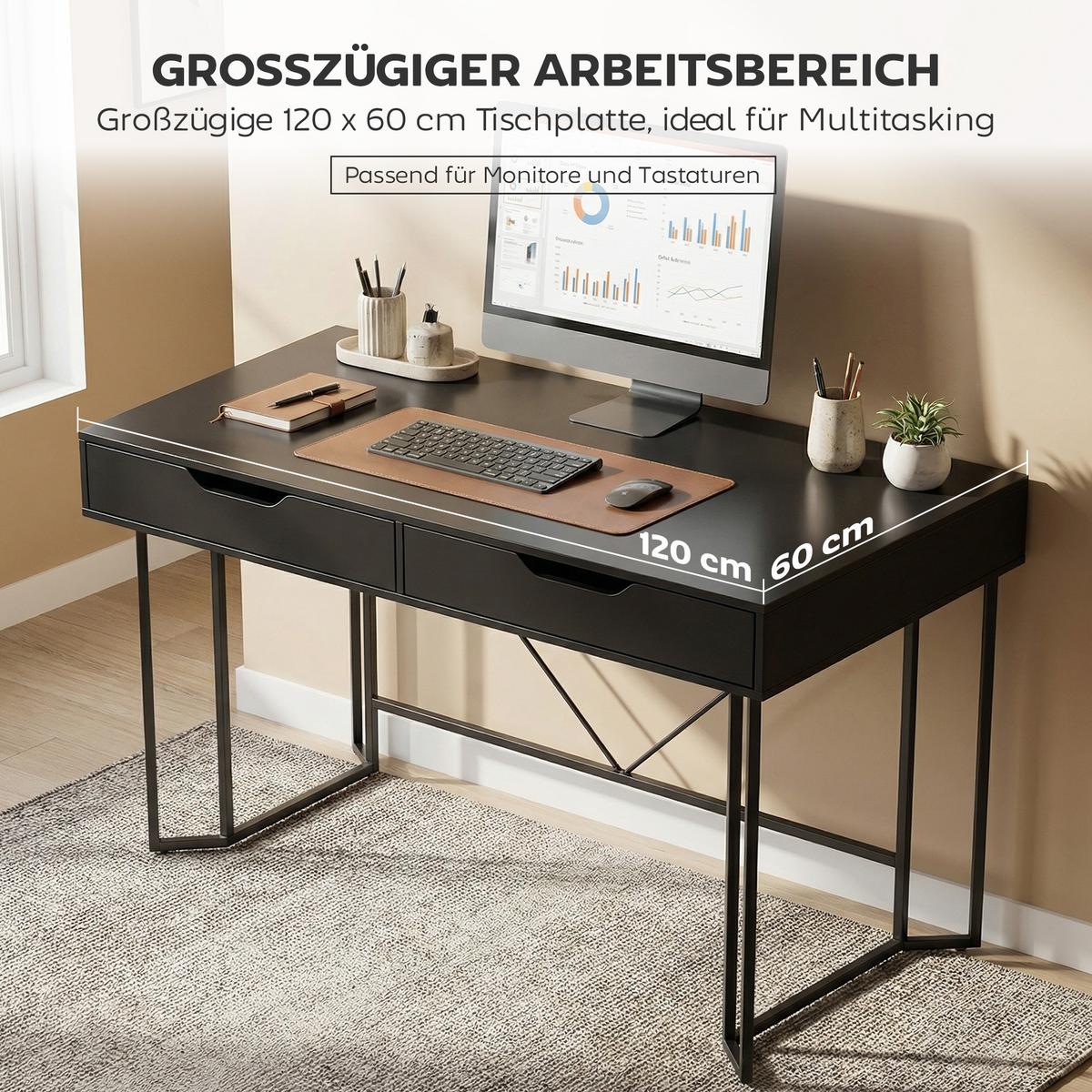 SCHREIBTISCH Spanplatte-Metall Schwarz - Schwarz, Holzwerkstoff/Metall (120/60/77cm) - HOMCOM