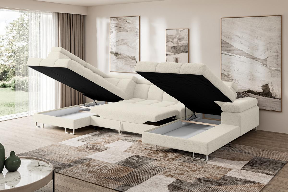 WOHNLANDSCHAFT mit Schlaffunktion und Bettkasten Ottomane Links COMA U 345x203x79 Creme Velours - Creme, Holzwerkstoff/Textil (345/79/203cm) - ALTDECOR