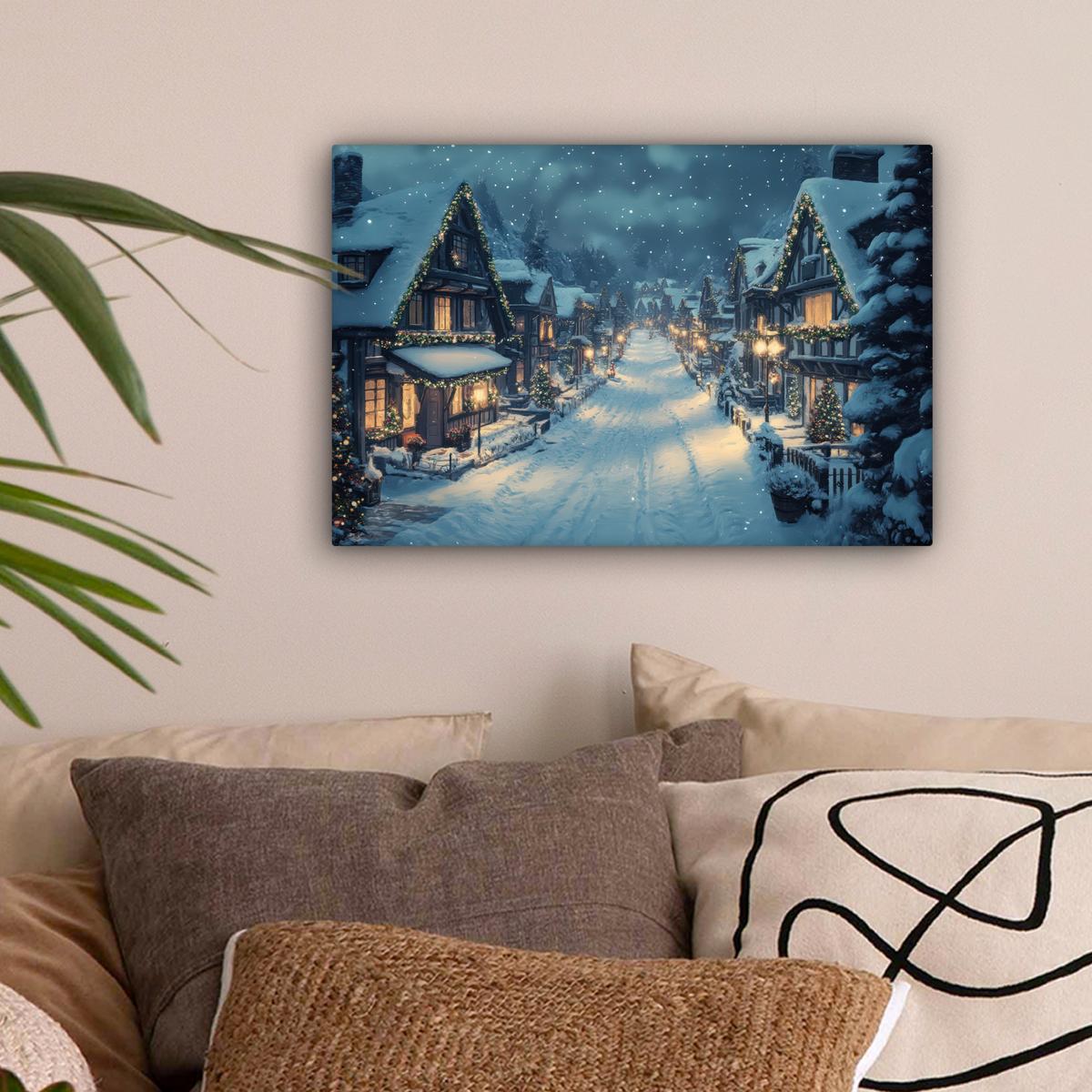 LEINWANDBILD Weihnachtsdorf - Weihnachten - Schnee - Winter Deko Schlafzimmer 30x20 cm - Dunkelblau, Textil (30/20cm) - MuchoWow