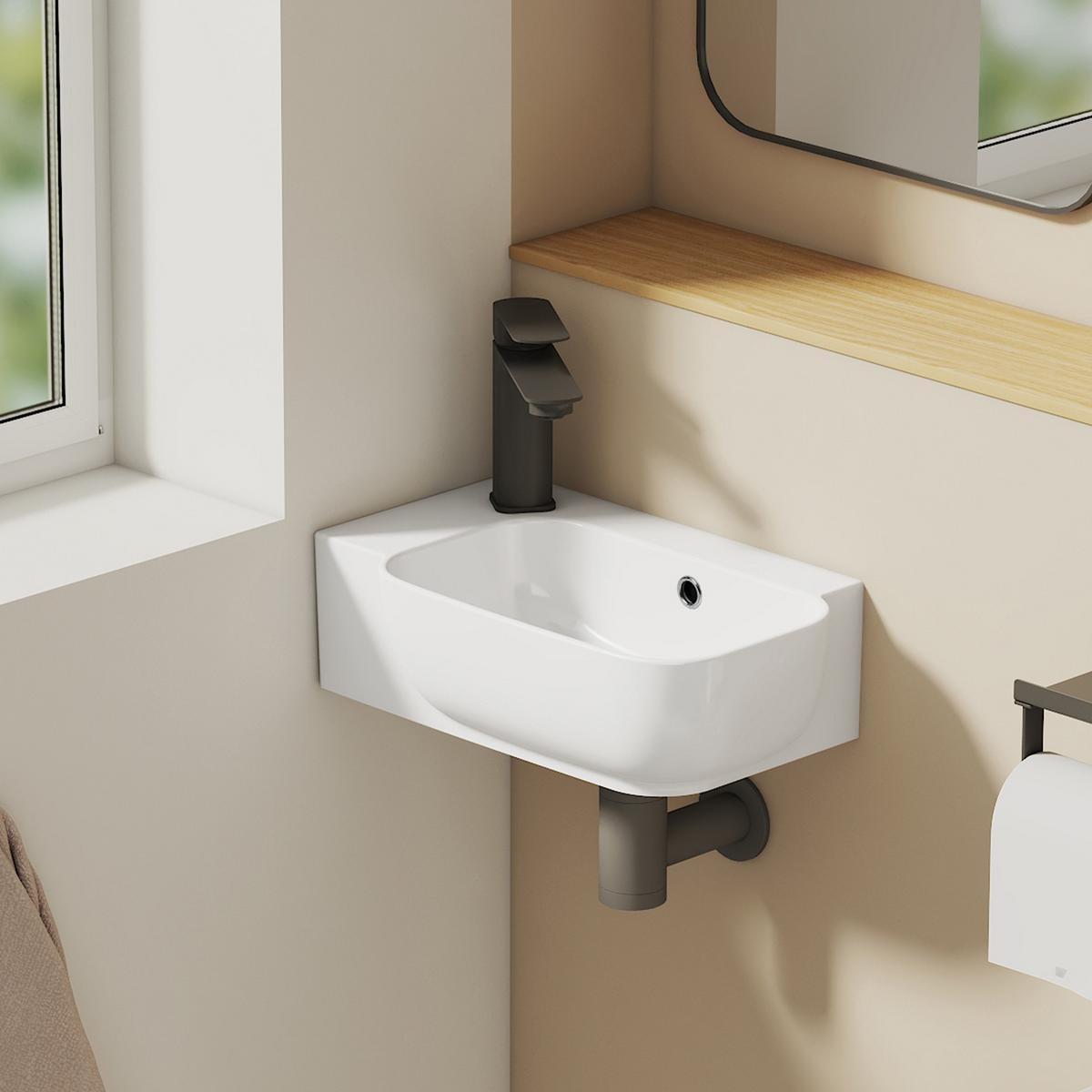 HANDWASCHBECKEN Links-Wasserhahnloch 40 / 25 / 14 cm - Weiß, Keramik (40/14/25cm) - EMKE