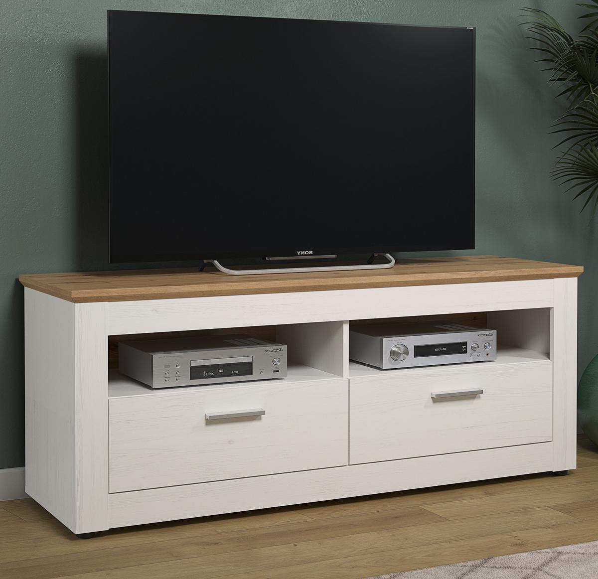 TV-LOWBOARD Pinie weiß, Eiche Artisan Landhaus 148 x 59 cm, Fernsehtisch in Komforthöhe - Silberfarben/Schwarz, Holzwerkstoff/Kunststoff (148/59/45cm) - Top.Furn