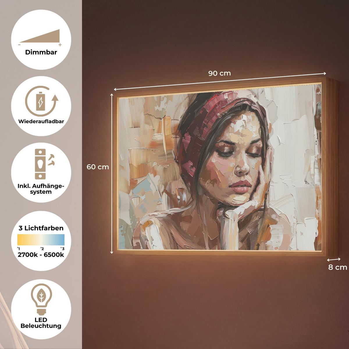 WANDLEUCHTE MIT AKKU Frau - Lackierung - Porträt - Modern 90x60 cm - Braun, Holzwerkstoff (90/60/8cm) - OnlyWow