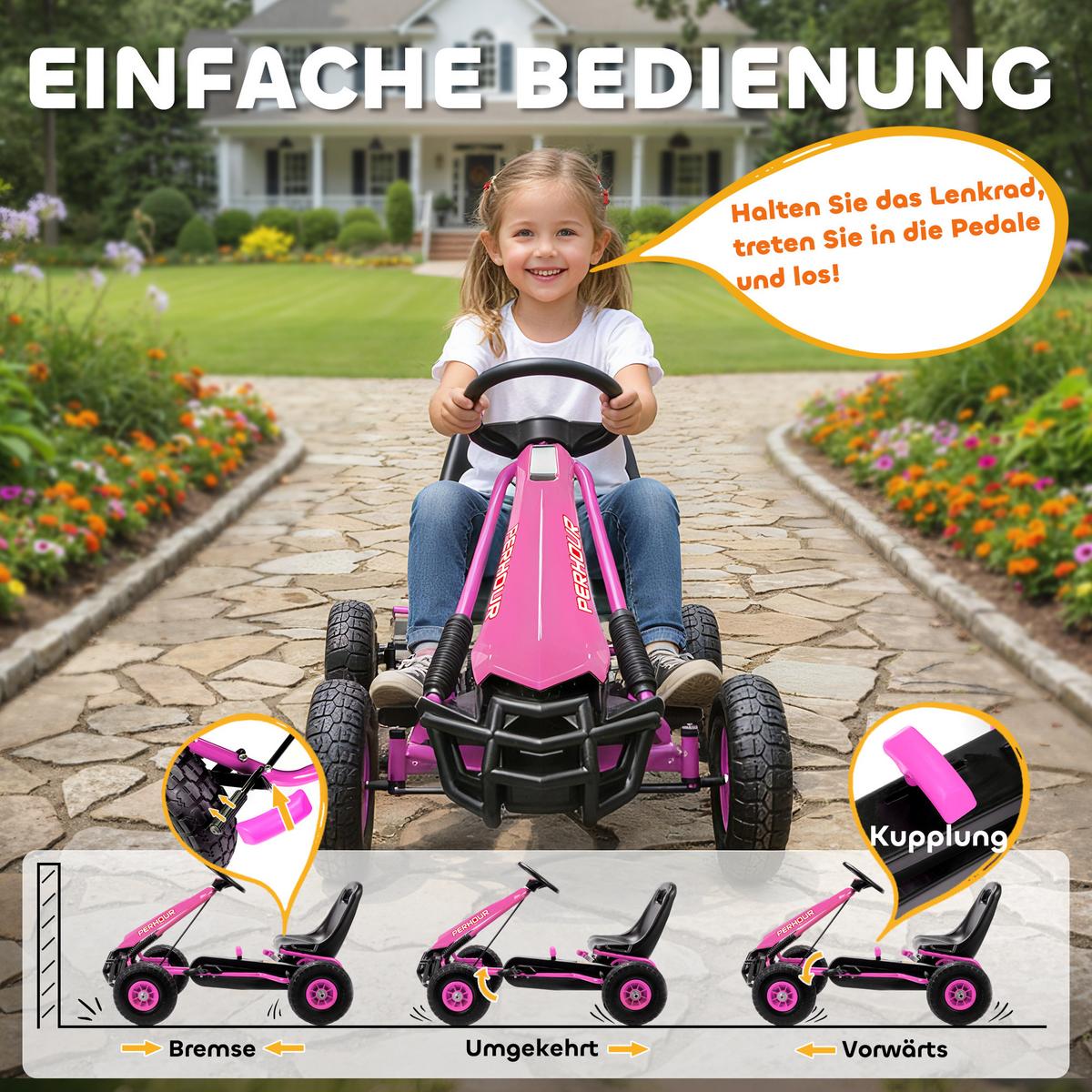 GOKART, Tretauto mit Handbremse, verstellbarem Sitz, Vor- und Rückwärtsgang - Rosa, Metall (110/61/62cm) - AIYAPLAY