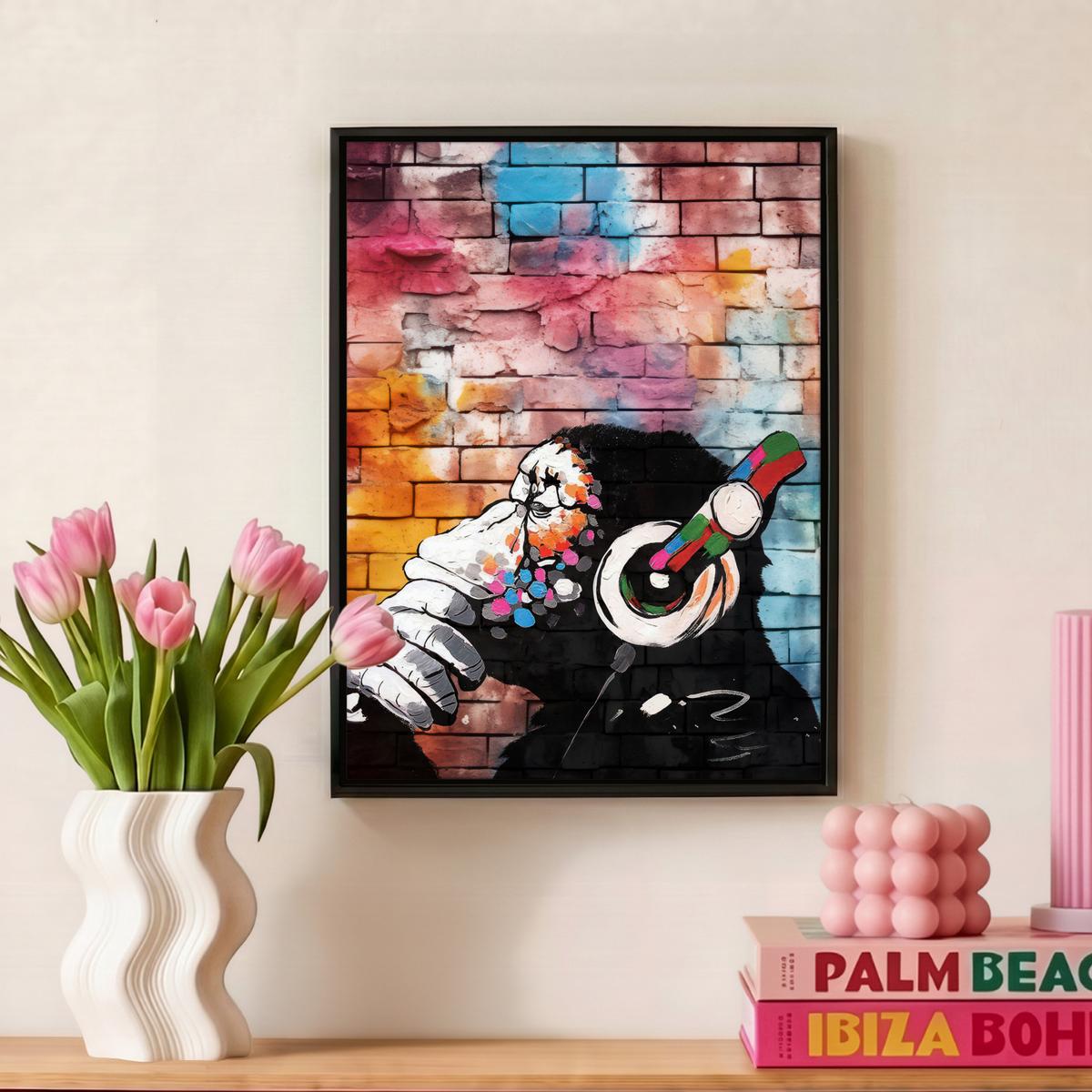 LEINWAND Bilder mit Rahmen - Affe - Graffiti - Musik - 30x40 - Multicolor, Textil (30/40cm) - MuchoWow