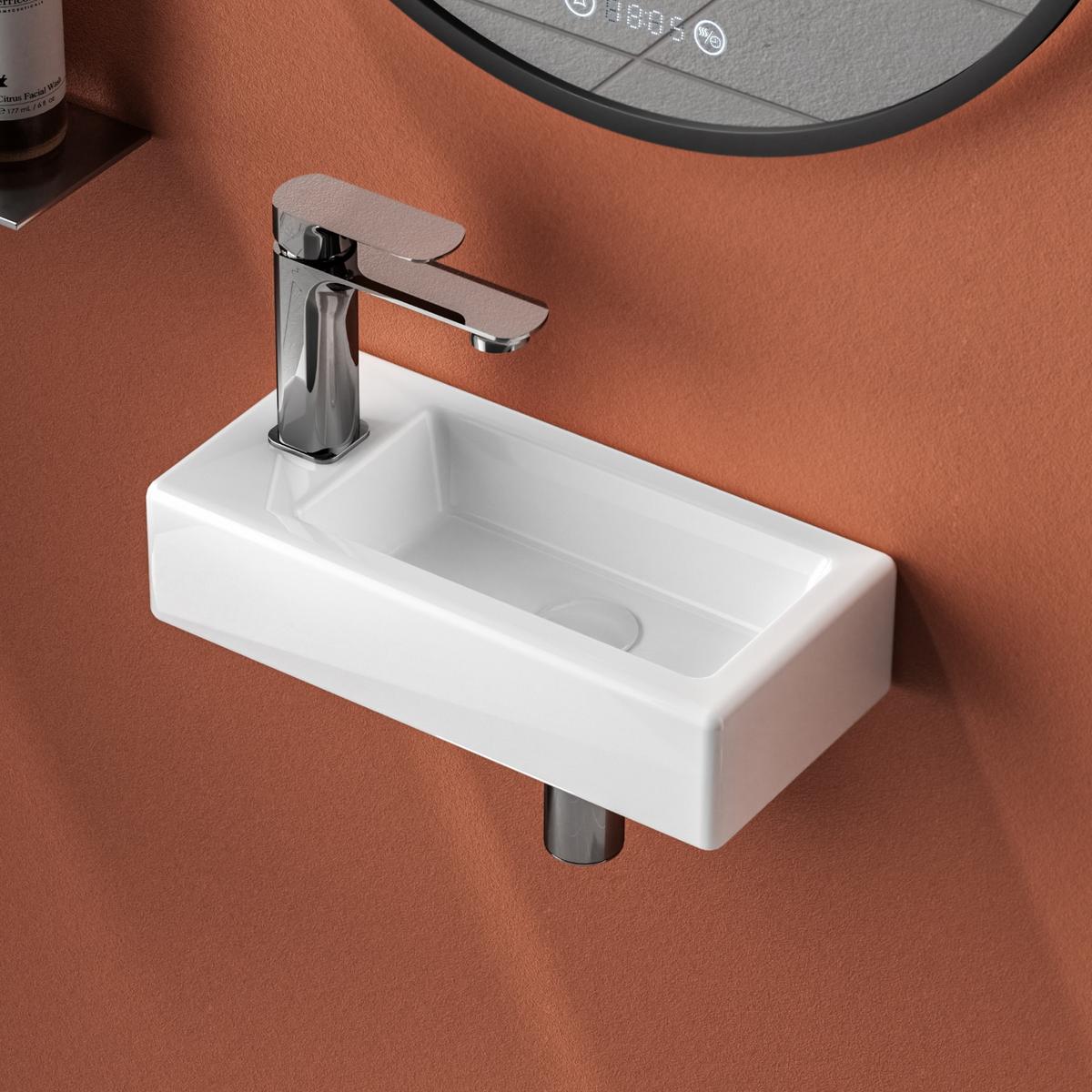 HANDWASCHBECKEN mit Hahnloch links Glänzend Weiß 36,5 / 18 / 9 cm - Weiß, Keramik (36.5/9/18cm) - EMKE