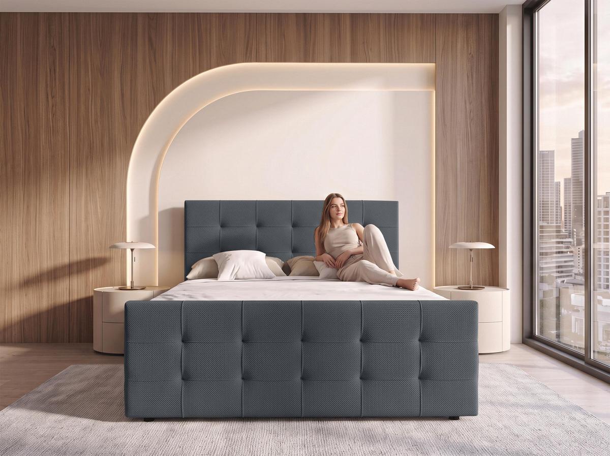 BOXBETT DEFNE 140x200 cm mit Fußteil und Matratze - Dunkelgrau + TOPPER - Dunkelgrau/Schwarz, Holz/Holzwerkstoff (140/200cm) - AX Living