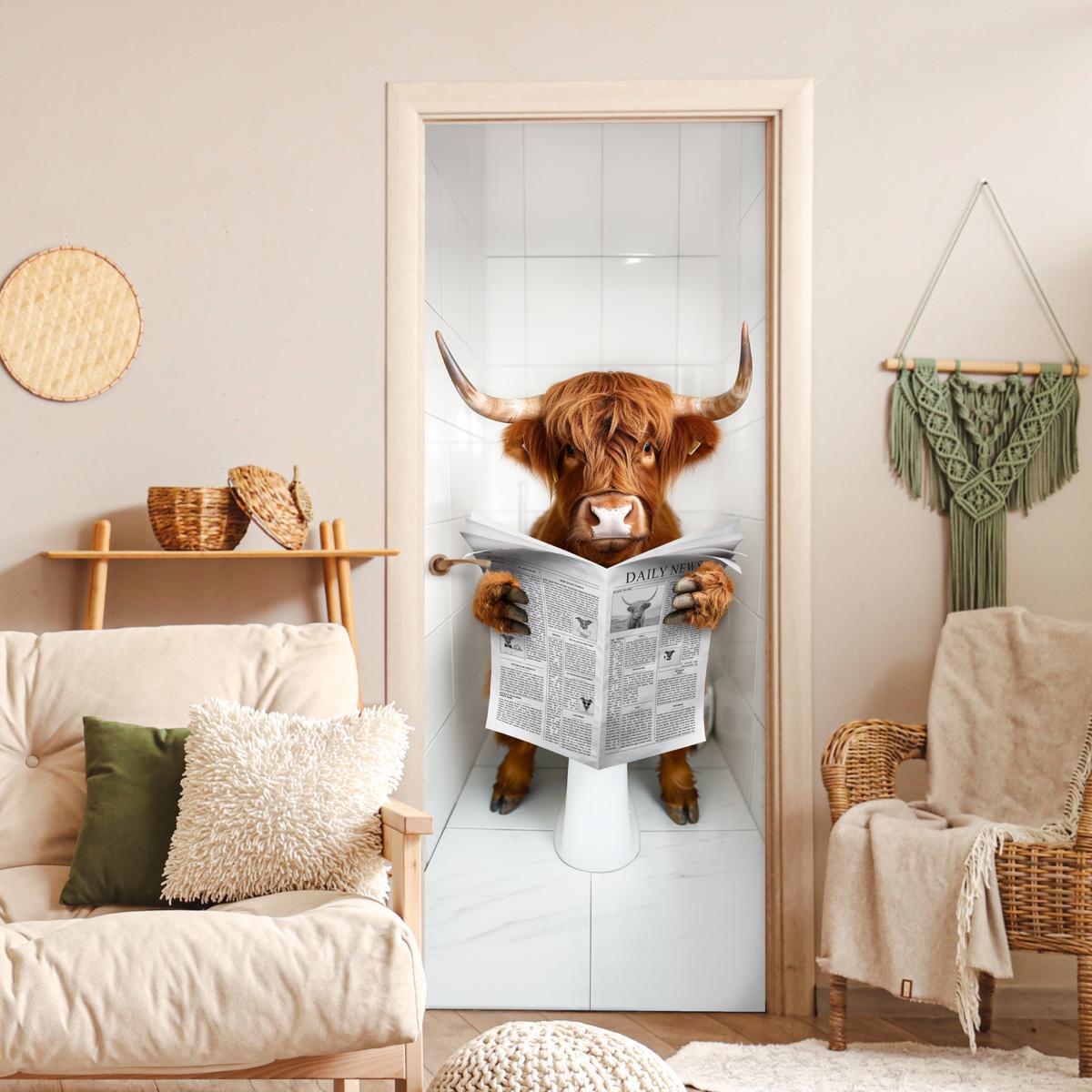 TÜRAUFKLEBER Scottish Highlander - Zeitung - WC - Tier 85x215 cm - Türtapete - Weiß, Kunststoff (85/0.1cm) - MuchoWow