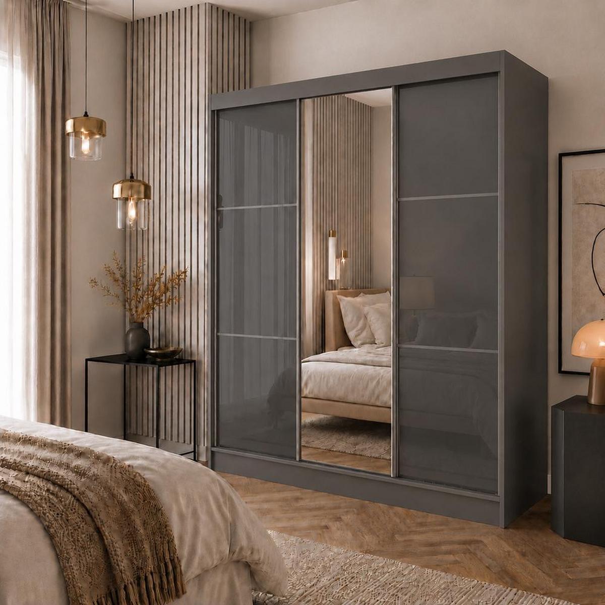SCHWEBETÜRENSCHRANK Viva 180/216/61 Graphit mit Lacobel-Glas - Graphitfarben, Holzwerkstoff (180/216/61cm) - Beautysofa