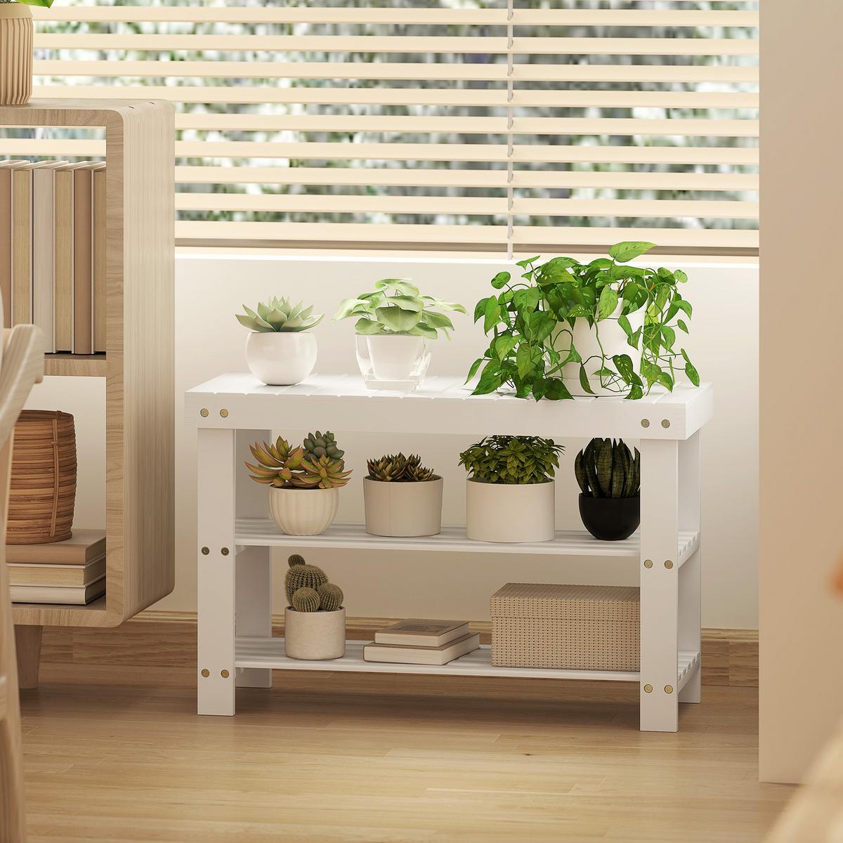 SCHUHBANK aus Bambus mit 2 Ablagen, Sitzbank mit Stauraum 70x28x45 cm, Weiß - Weiß, Naturmaterialien (28/45/70cm) - HOMCOM