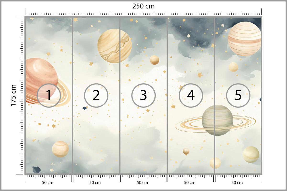 FOTOTAPETE für Kinderzimmer Pastell Planeten Saturn Uran Sterne 250x175 - Blau/Ecru, Papier (250/175cm) - Muralo