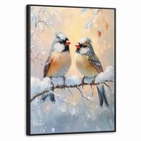 LEINWAND Bilder mit Rahmen - Vögel - Zweig - Winter - Schnee - 60x80 - Pastellblau, Textil (60/80cm) - MuchoWow