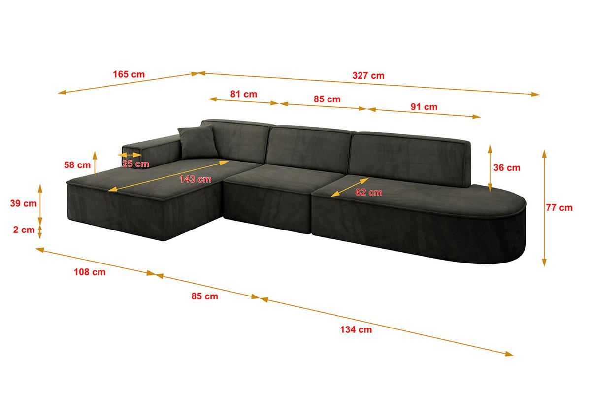 ECKSOFA Ottomane Links IREA-L2-v4 - 327x165x77 cm Schwarz - Schwarz, Holzwerkstoff/Textil (327/165cm) - ALTDECOR