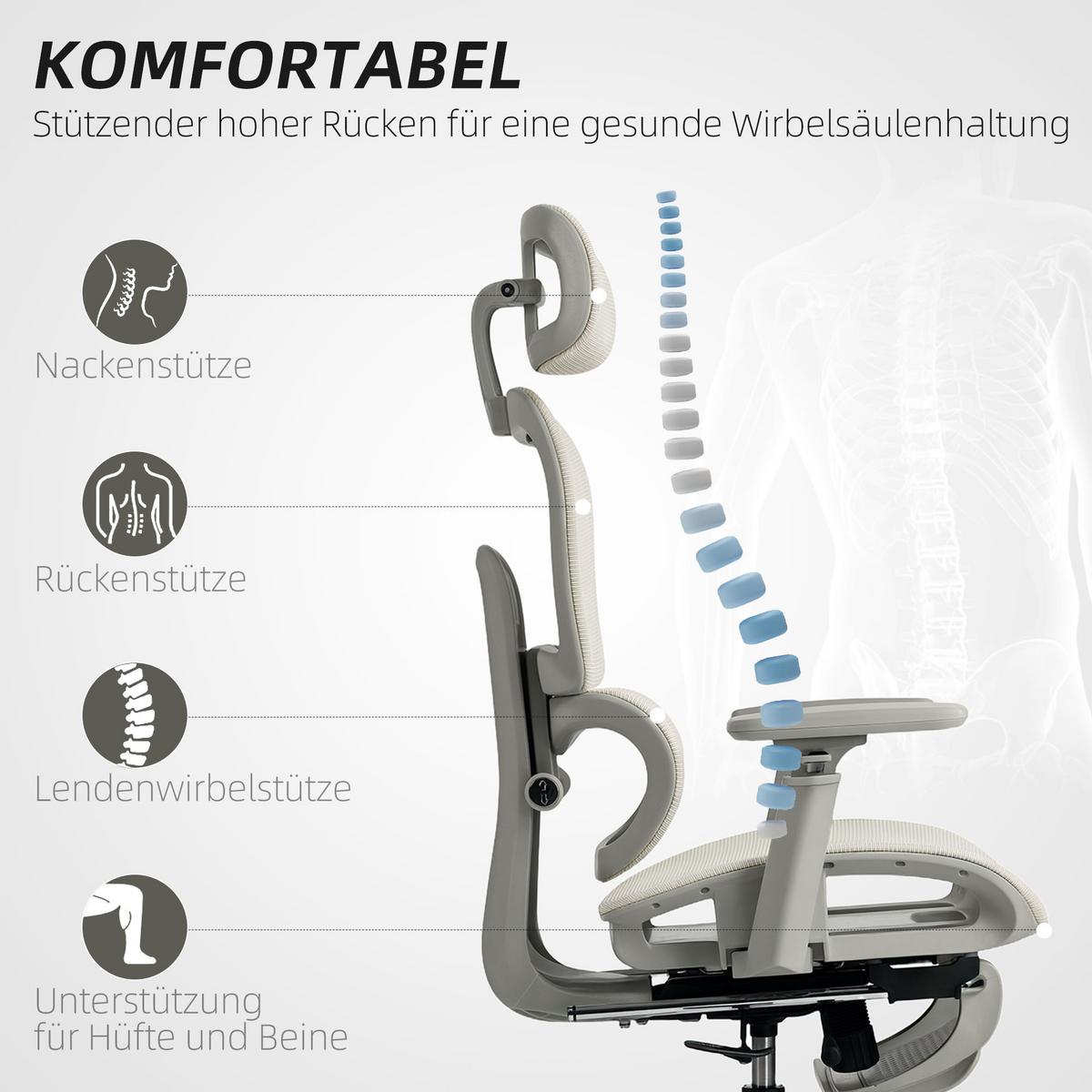 BÜROSTUHL mit Wippfunktion Liegefunktion Ergonomisch Höhenverstellbar Beige - Beige/Schwarz, Kunststoff/Textil (64/122/66cm) - HOMCOM