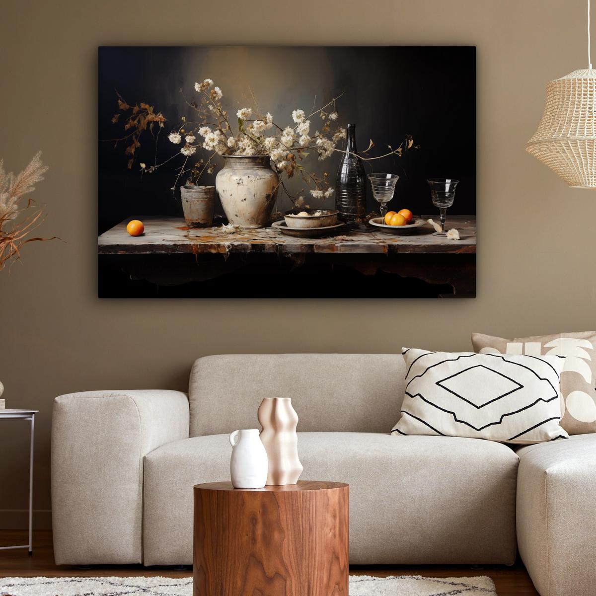 LEINWANDBILD Stilleben - Blumen - Blumenstrauß - Vase - Wein Wohnzimmer Groß 120x80 cm - Schwarz, Textil (120/80cm) - MuchoWow