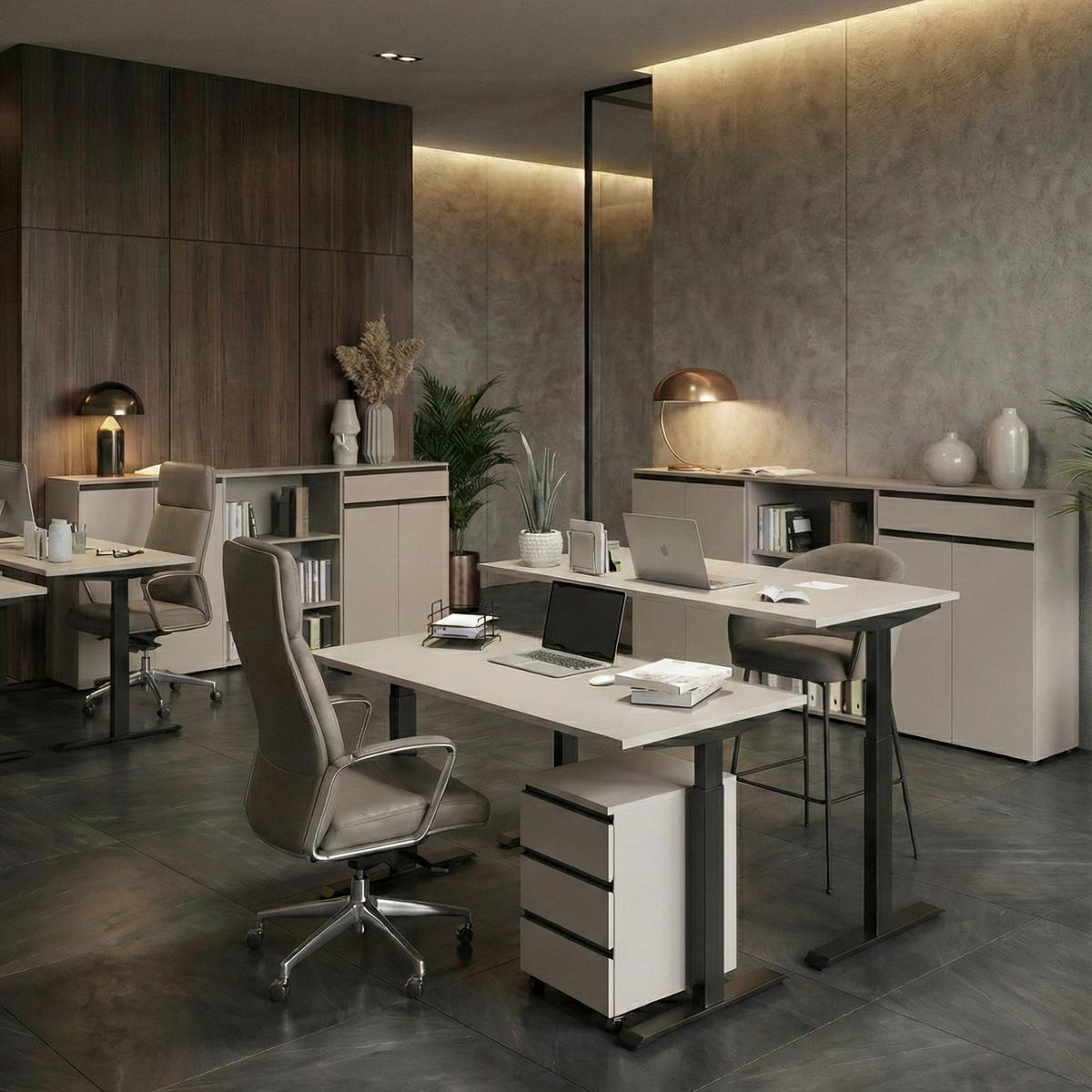 BÜROMÖBEL Set 2-teilig | Schreibtisch 140x80cm & Rollcontainer Greige/Schwarz | Einstellbar 68-91 cm & Soft-Close - Beige, Holzwerkstoff/Metall (80/195/91cm) - KADIMA DESIGN