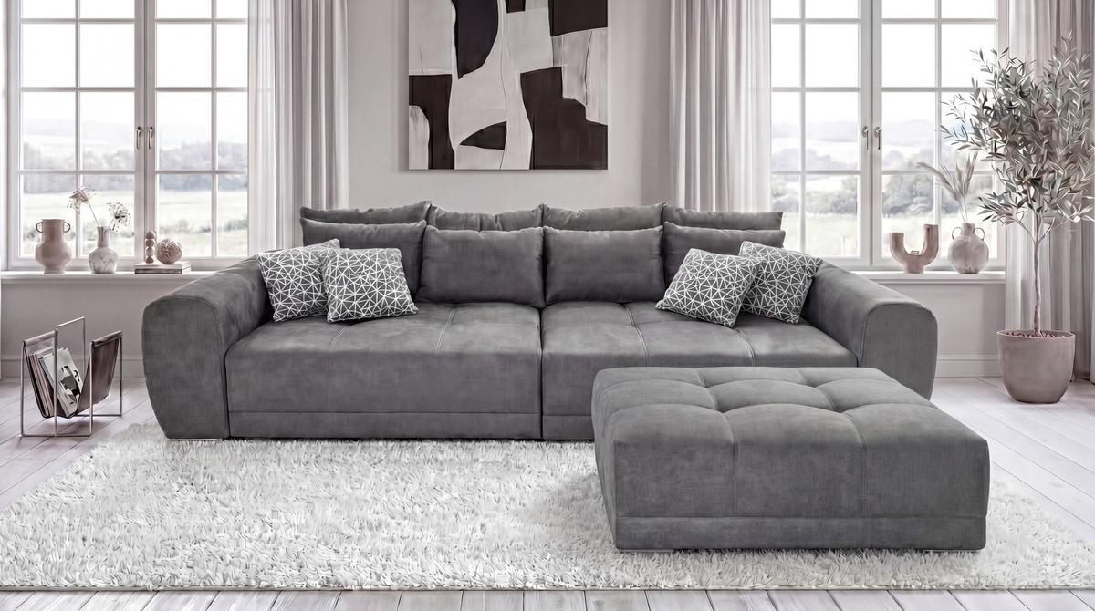BIG-SOFA Federkern B306/T134/H86 cm, Liegefläche 120x240 cm, Mikrofaser Grau / 15114 - Chromfarben/Grau, Textil/Metall (306/86/134cm) - luma-home