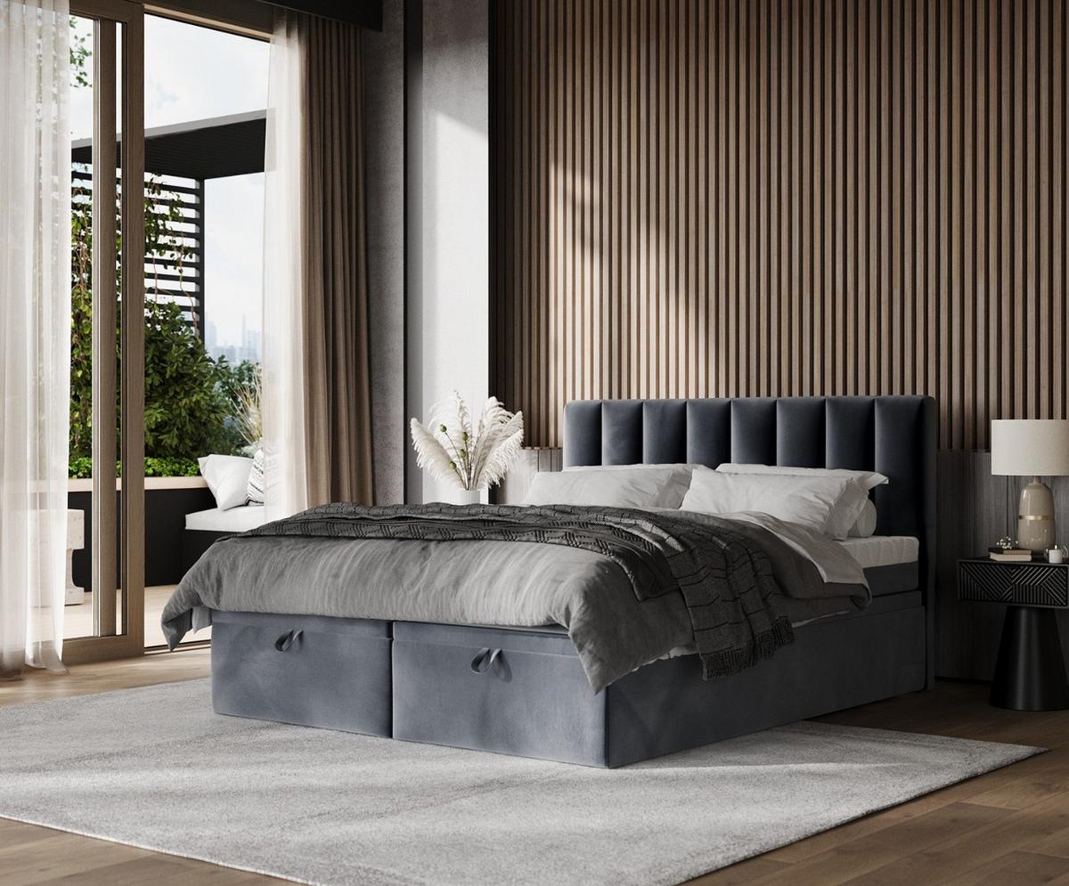 BOXBETT Lume 140/200 cm Dunkelgrau im Kronos Stoff - Dunkelgrau/Schwarz, Holz/Holzwerkstoff (140/200cm) - AltaBeds