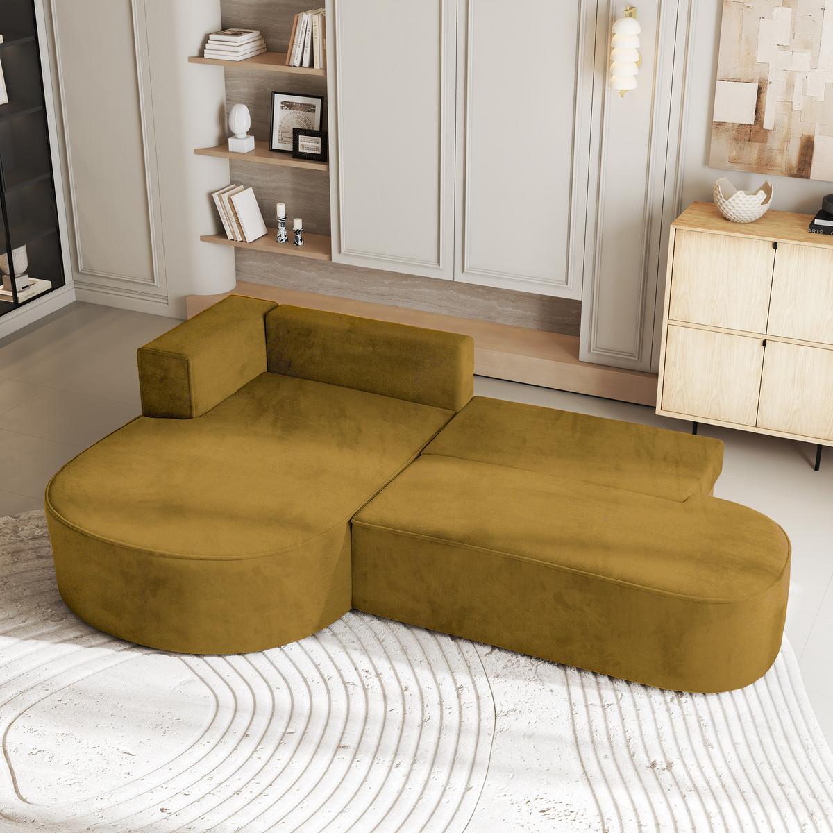 ECKSOFA CORTIO M L-S Gelb Velours-Stoff mit Schlaffunktion - Gelb/Grau, Holz/Kunststoff (265/174cm) - MASSENO