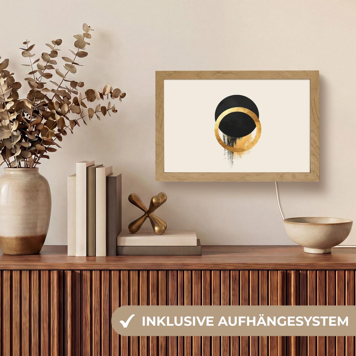 WANDLEUCHTE Abstraktes Design - Schwarzer Kreis - Farbflecken 30x20 cm - Creme, Holzwerkstoff (30/20/8cm) - OnlyWow