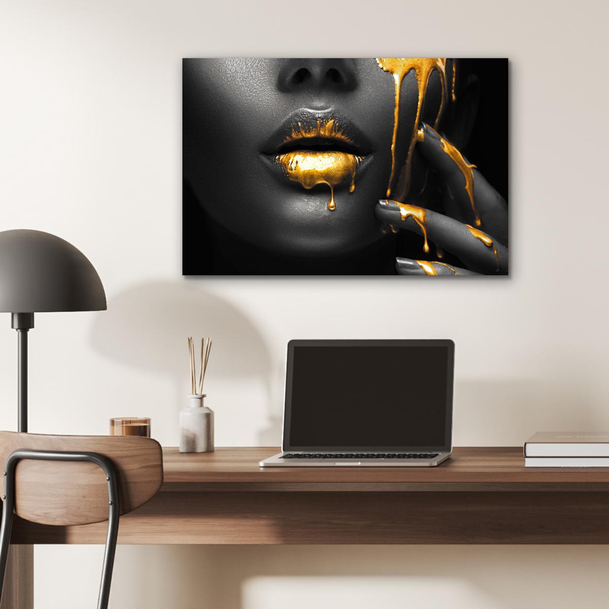 METALLBILD Frau - Schwarz - Gold - Gesicht - Lippen Wandbild 60x40 cm - Goldfarben, Metall (60/40cm) - MuchoWow