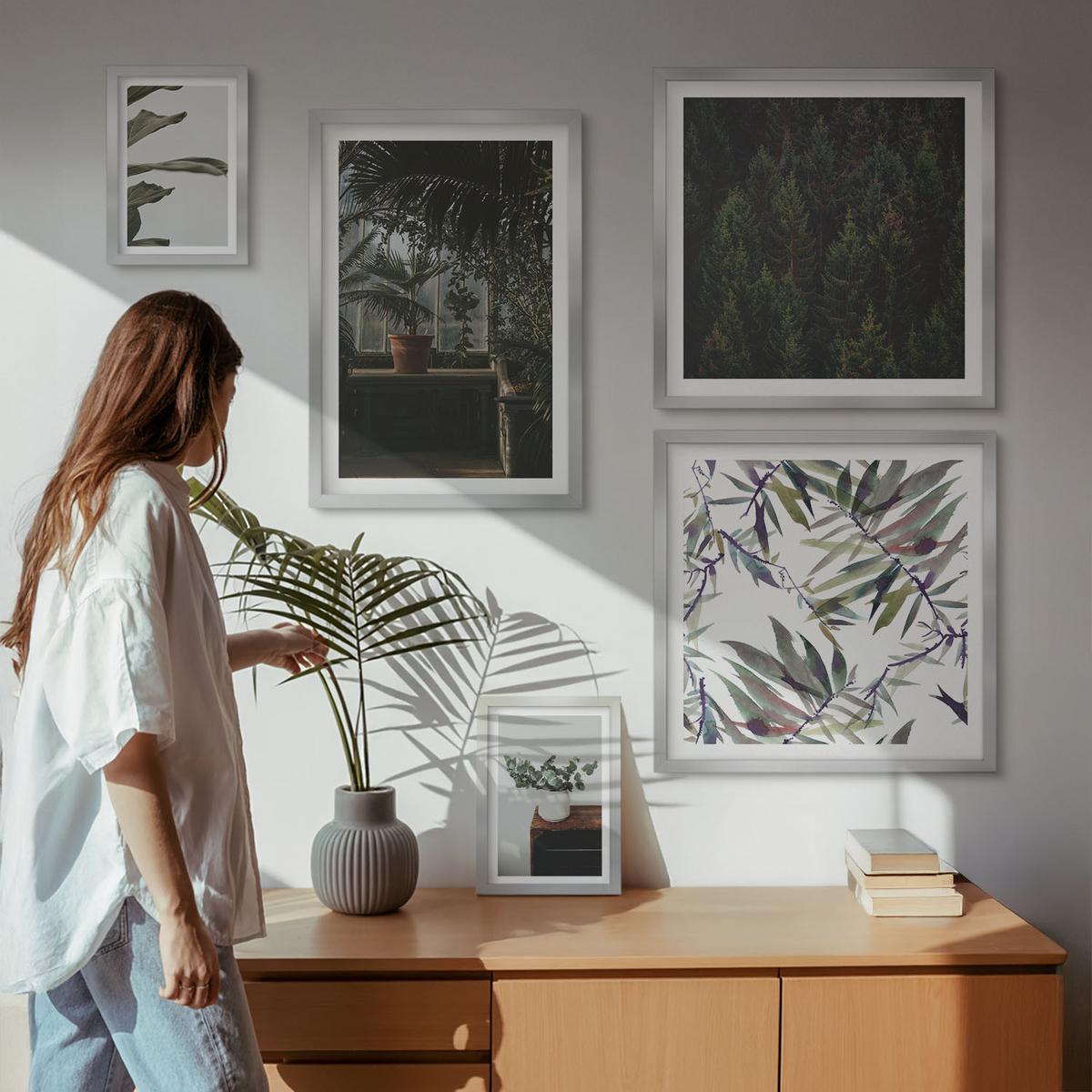 BILDER SET 5er Set - 50x50 cm & 20x30 cm & 40x60 cm Silberner Rahmen - Rustikale Topfpflanzen - Silberfarben, Kunststoff (40/60cm) - TULUP