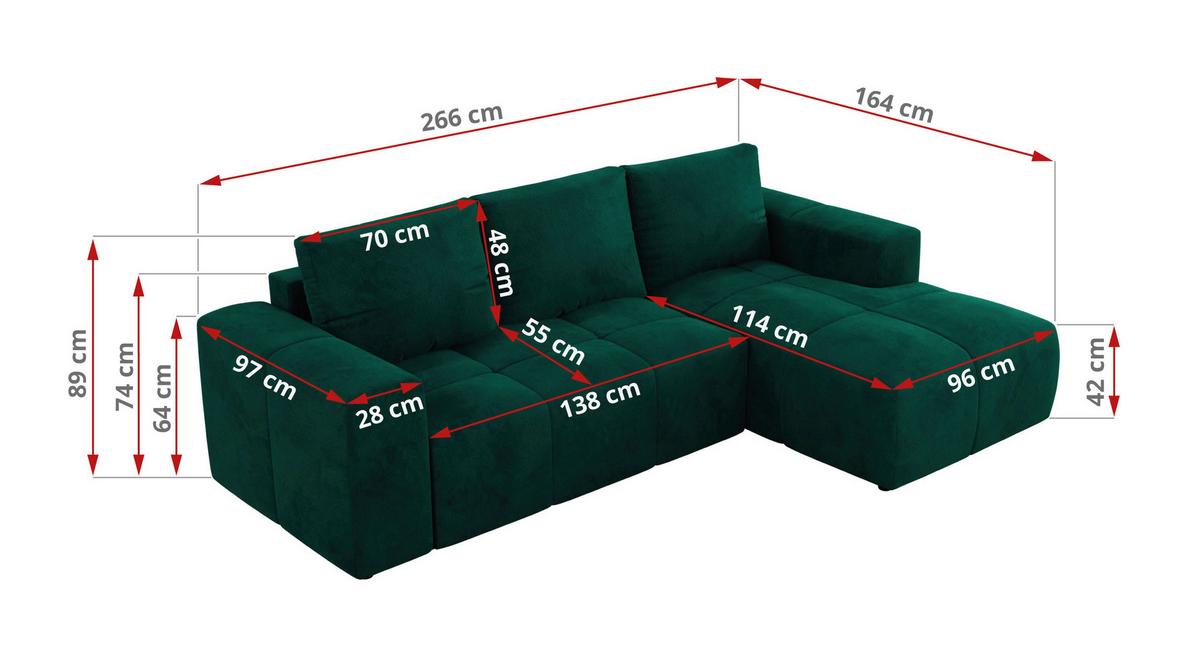 ECKSOFA MONIVA Dunkelgrün Velvet - Rechts - Dunkelgrün/Schwarz, Textil (266/164cm) - MKS