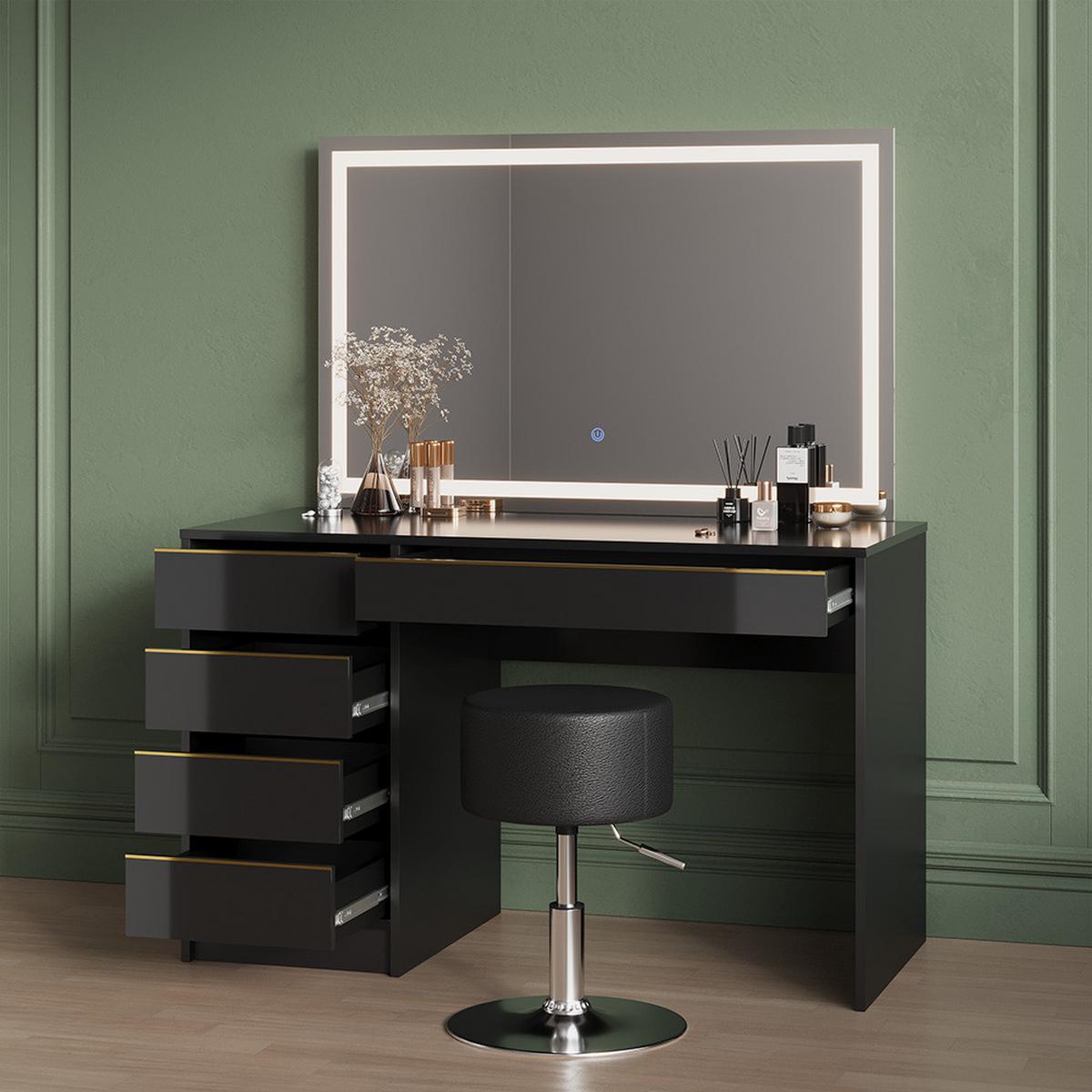 SCHMINKTISCH Imola Schwarz/Gold mit LED-Spiegel und Hocker - Goldfarben/Schwarz, Holzwerkstoff (120/75/55cm) - Livinity®