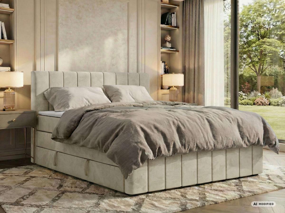 BOXSPRINGBETT ALVER KING DUO 160/200 - Beige Velvet - Topper T25 - H4 - Beige/Schwarz, Kunststoff/Textil (160/200cm) - MKS