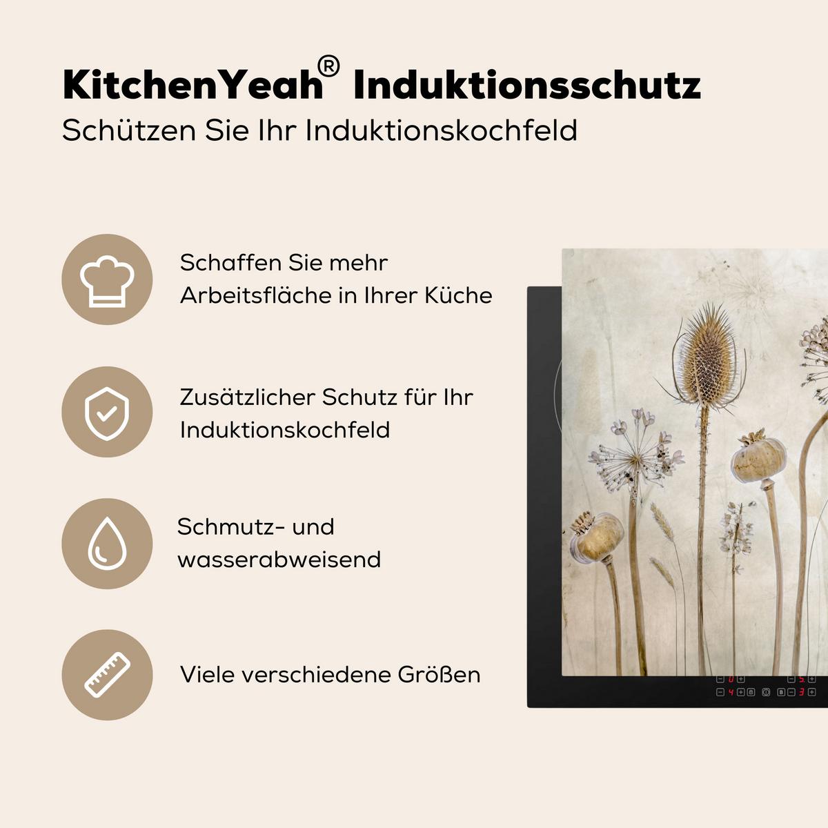 HERDABDECKPLATTE Blumen - Aquarell - Stilleben - Braun - Vintage Abdeckung Ceranfeld 57.6x51.6 cm - Sandfarben, Kunststoff (57.6/51.6/0.2cm) - MuchoWow