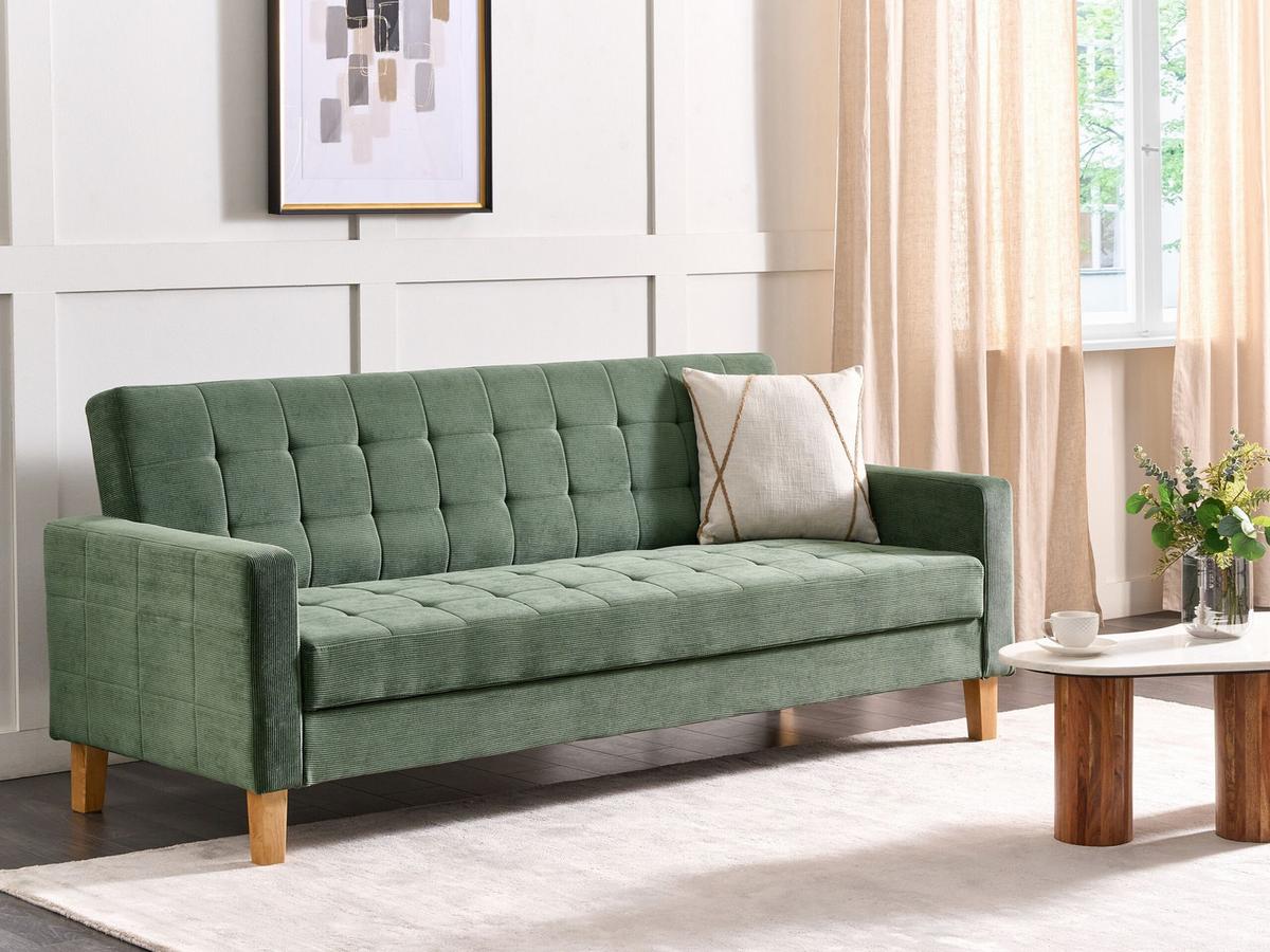 3-SITZER-SCHLAFSOFA dunkelgrün mit Stauraum Vehkoo - Hellbraun/Grün, Textil (200/86/77cm) - Beliani
