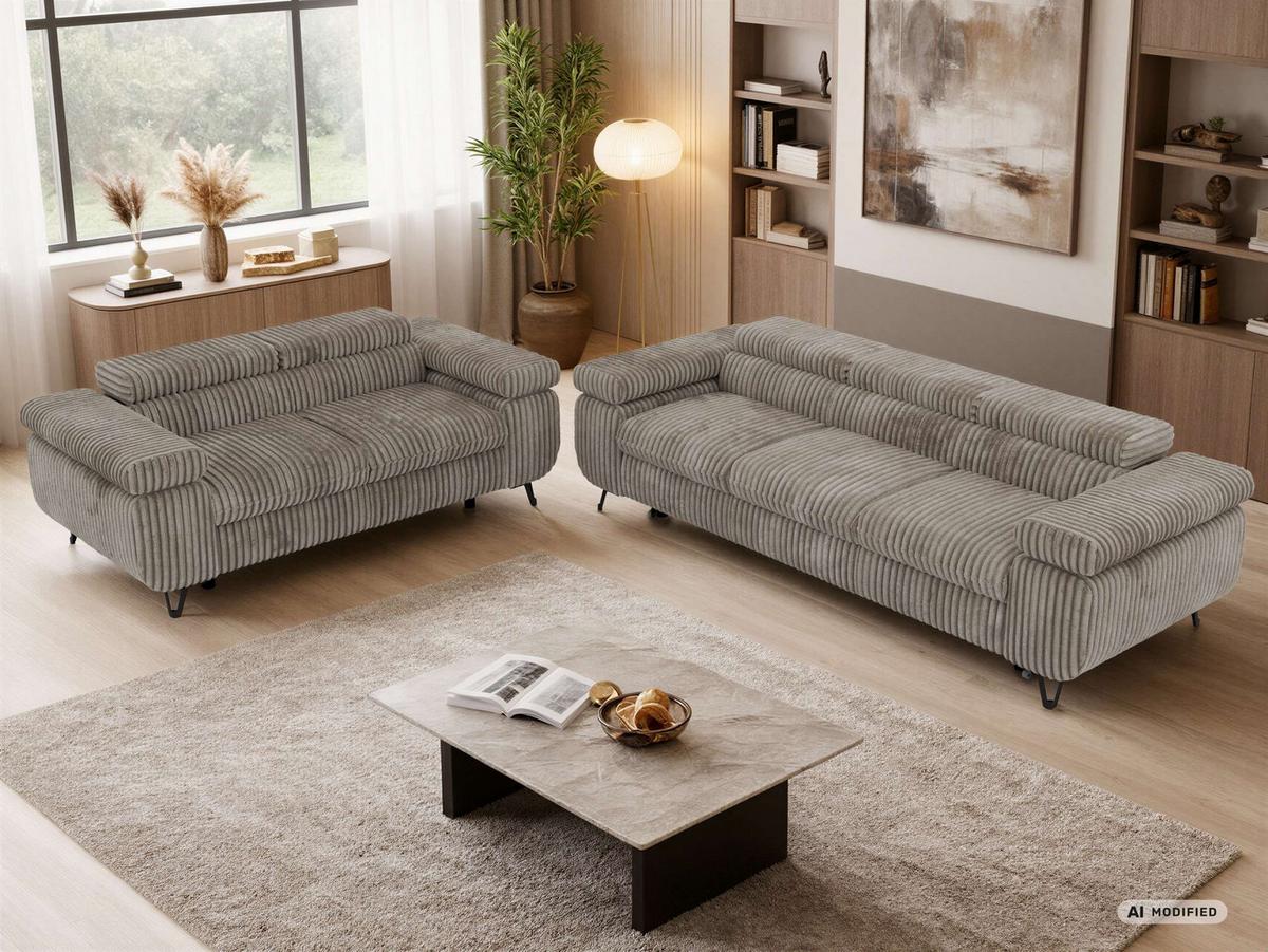 SITZGARNITUR PETERS 2+3 - Hellbraun Cord - Hellbraun/Schwarz, Textil/Metall (262/76/99cm) - MKS