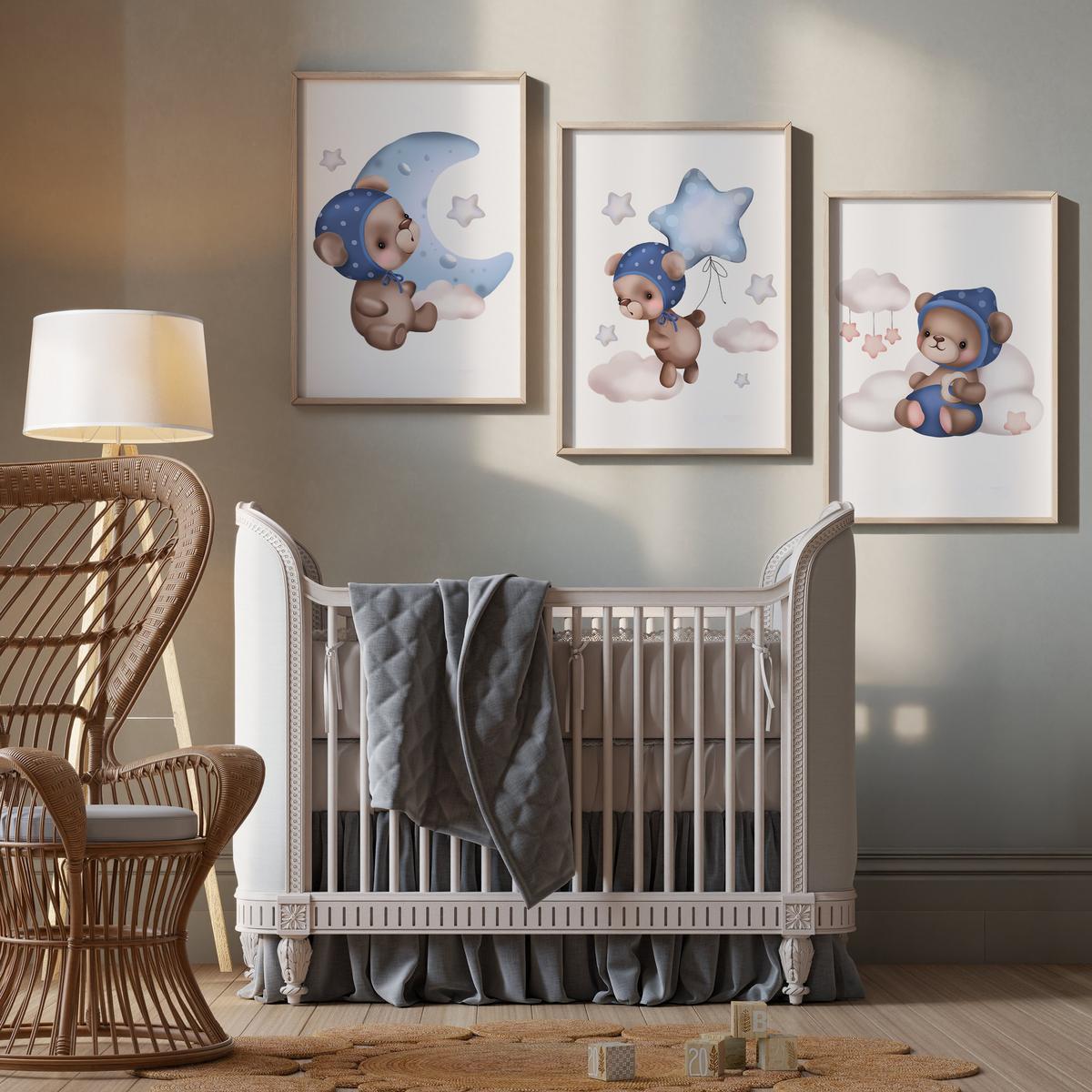 POSTER SET für Kinderzimmer Teddybären Ballons Sterne Wolken 3x Poster A4 21x30cm - Beige/Rosa, Papier (21/30/1cm) - Muralo