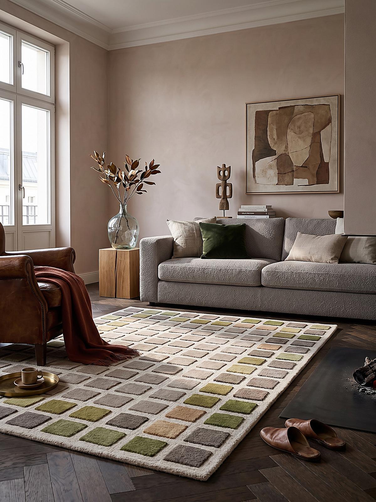 WOLLTEPPICH handgetuftet HAMPS, Quadratraster, Erdtöne-Grün, 200 x 290 cm - Grün, Textil (200/290cm) - KADIMA DESIGN