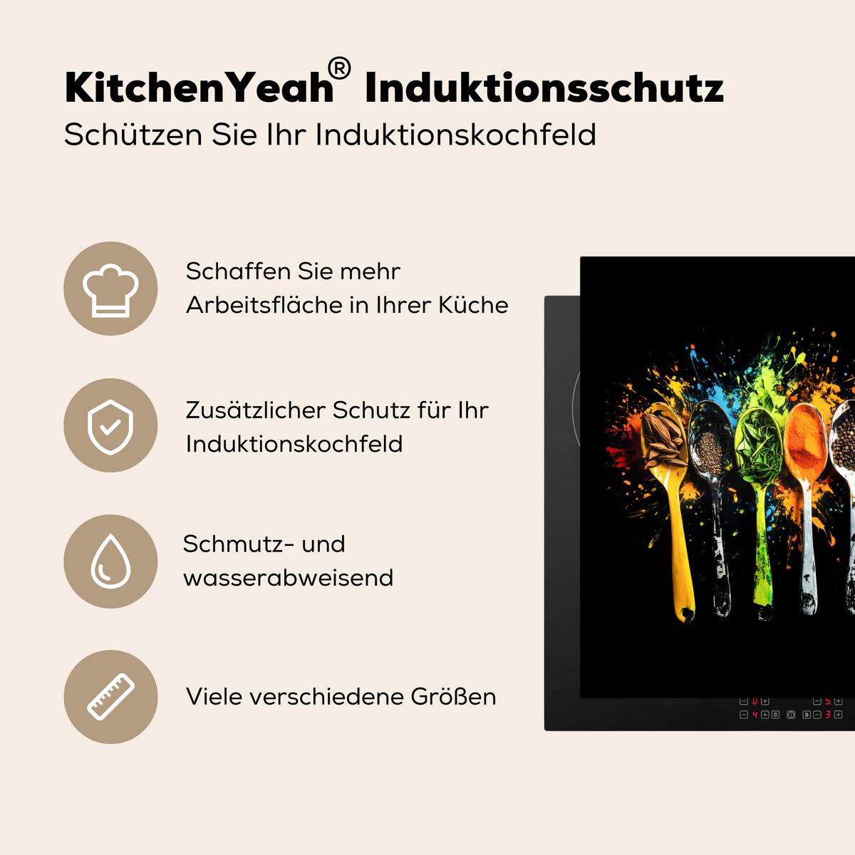 HERDABDECKPLATTE Löffel - Gewürze - Modern - Graffiti - Farbe - Farbenfroh Herdabdeckung Induktionsfeld 65x52 cm - Multicolor, Kunststoff (65/52/0.2cm) - MuchoWow