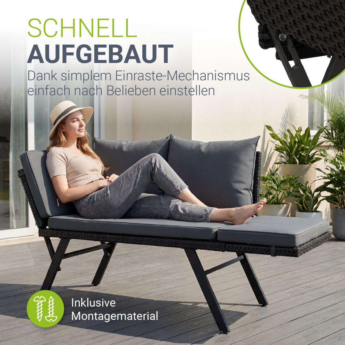 GARTENBANK Calvia klappbar schwarz/grau - Schwarz, Kunststoff/Metall - Juskys