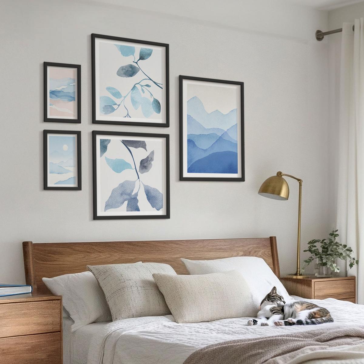 BILDER SET 5er Set - 50x50 cm & 20x30 cm & 40x60 cm Schwarzer Rahmen - Berglandschaften, Aquarellpflanzen - Schwarz, Kunststoff (40/60cm) - TULUP