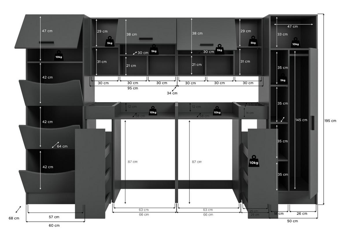 WASCHMASCHINENSCHRANK grau Set 8-teilig 300 x 196 cm, XXXL mit viel Stauraum - Schwarz/Grau, Holzwerkstoff/Kunststoff (300/196/68cm) - Inn.Furn