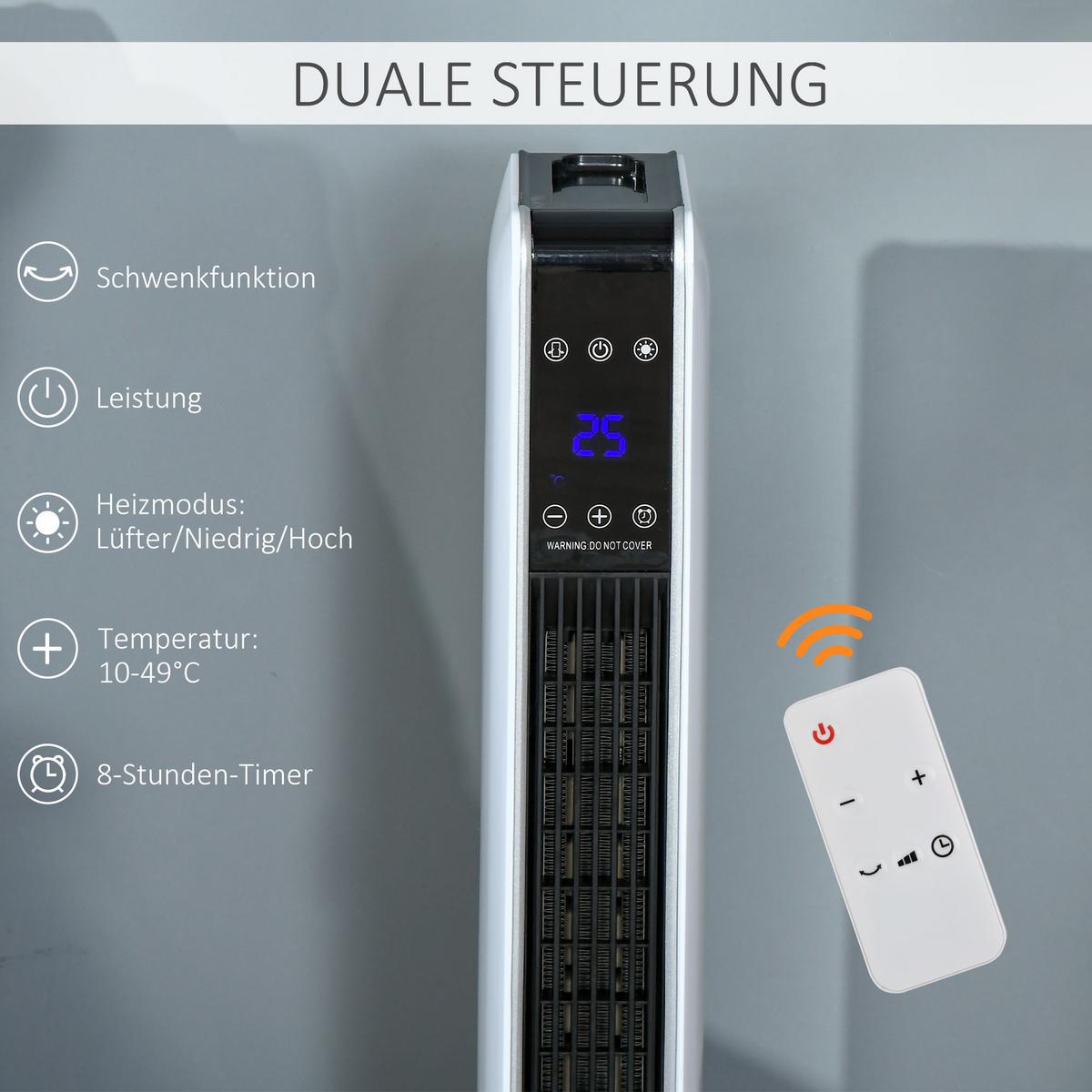 HEIZGERÄT, 2200W, mit Fernbedienung 8-Stunden-Timer, ABS, PA, Weiß+Schwarz - Weiß, Kunststoff (21/73/21cm) - HOMCOM