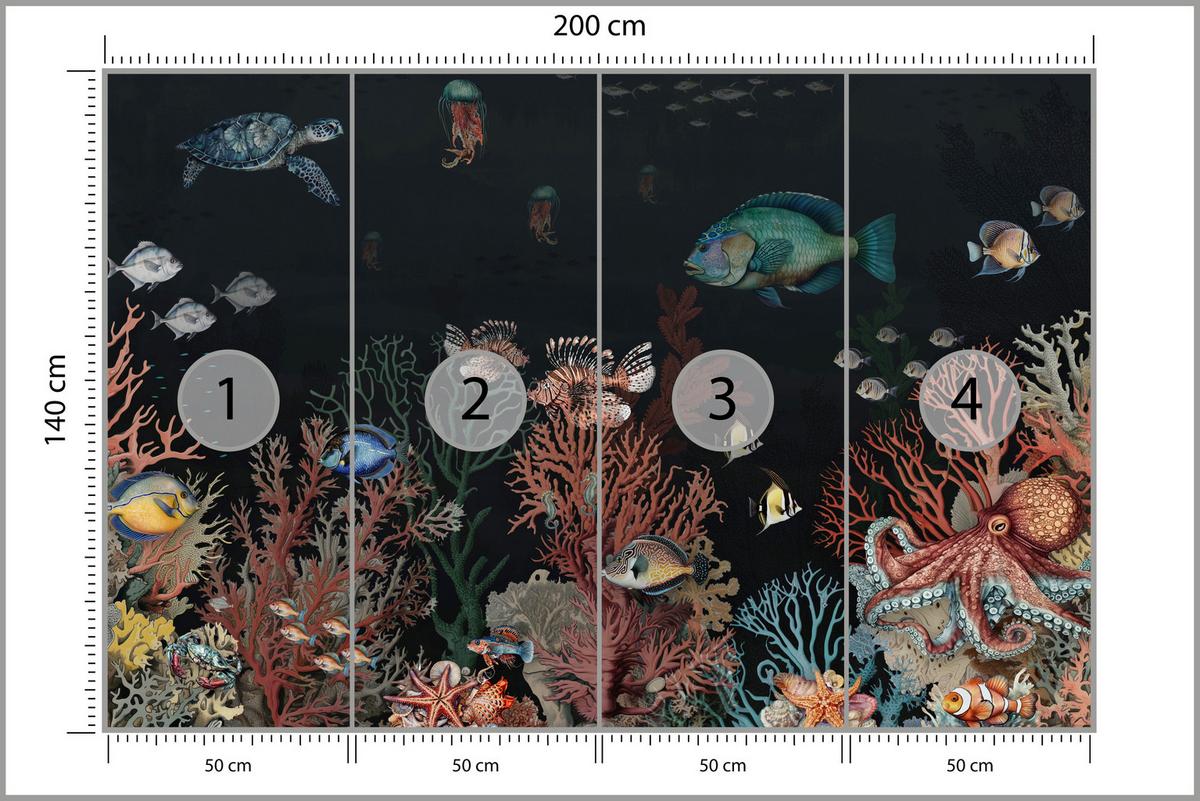 FOTOTAPETE für Badezimmer Bunter Unterwasser Pflanzen Riff Fische 200x140 - Rot/Schwarz, Papier (200/140cm) - Muralo