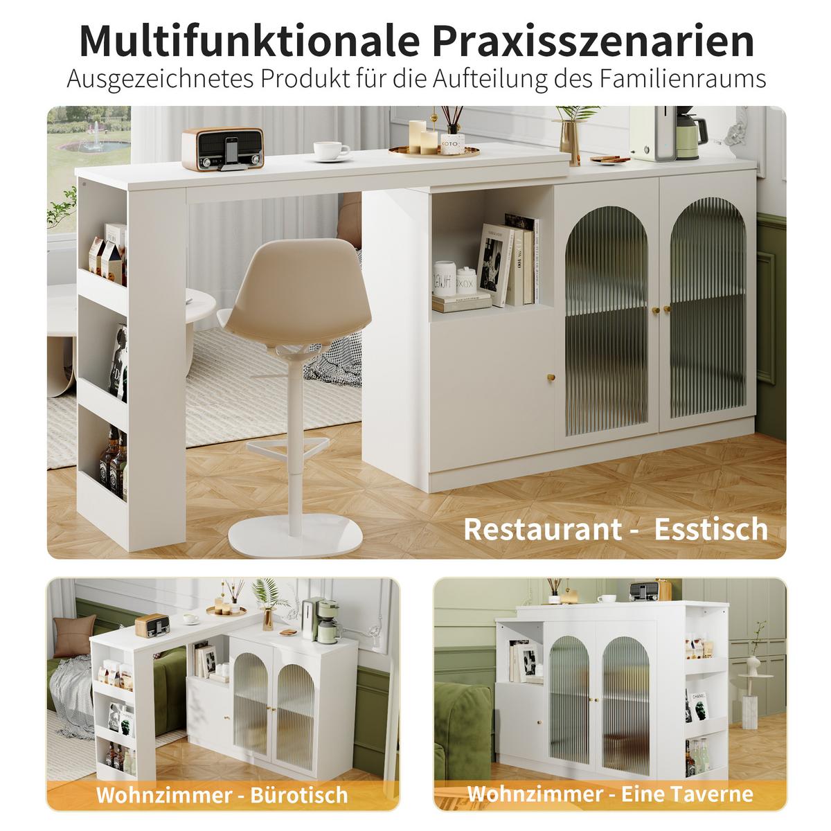 BARSCHRANK 360° drehbar & weiß mit glastüren & flexiblem bartisch - Weiß, Holzwerkstoff (40/120/97cm) - Urban Meuble