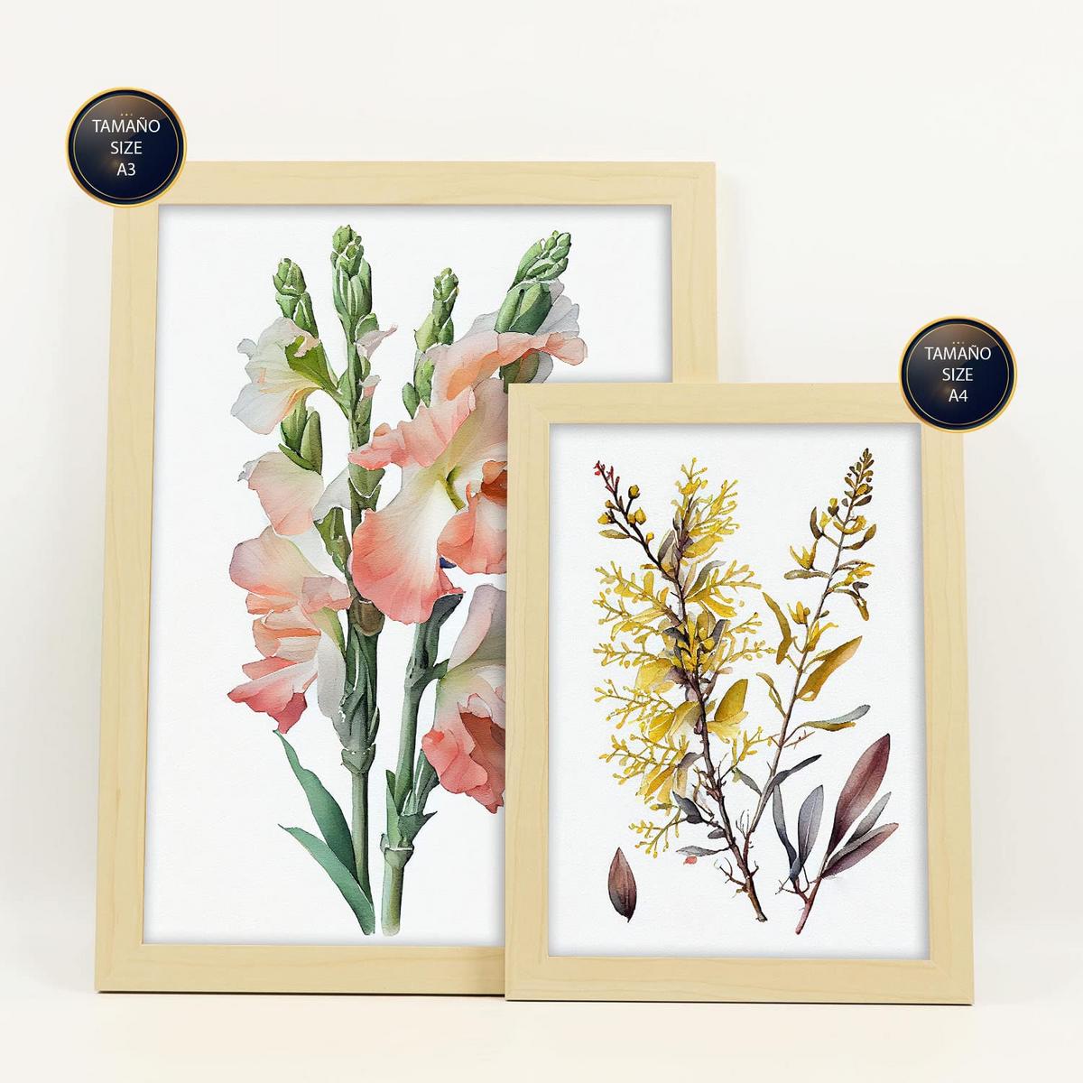 POSTER Set Mit 6 Wilde Blumen Vollfarbige Natur Und Botanikdrucke Mit Blumenmotiven Auf Reinweißen Hintergründen A3 & A4 Rahmen Aus Hellem Holz - Beige, Papier (29/3cm) - Nacnic