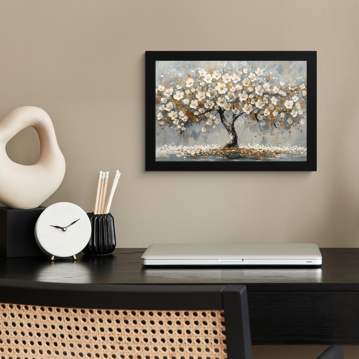 POSTER MIT RAHMENGERAHMTES BILD Baum - Blumen - Weiß - Natur - Kunst 30x20 cm - Weiß, Papier (30/20cm) - MuchoWow