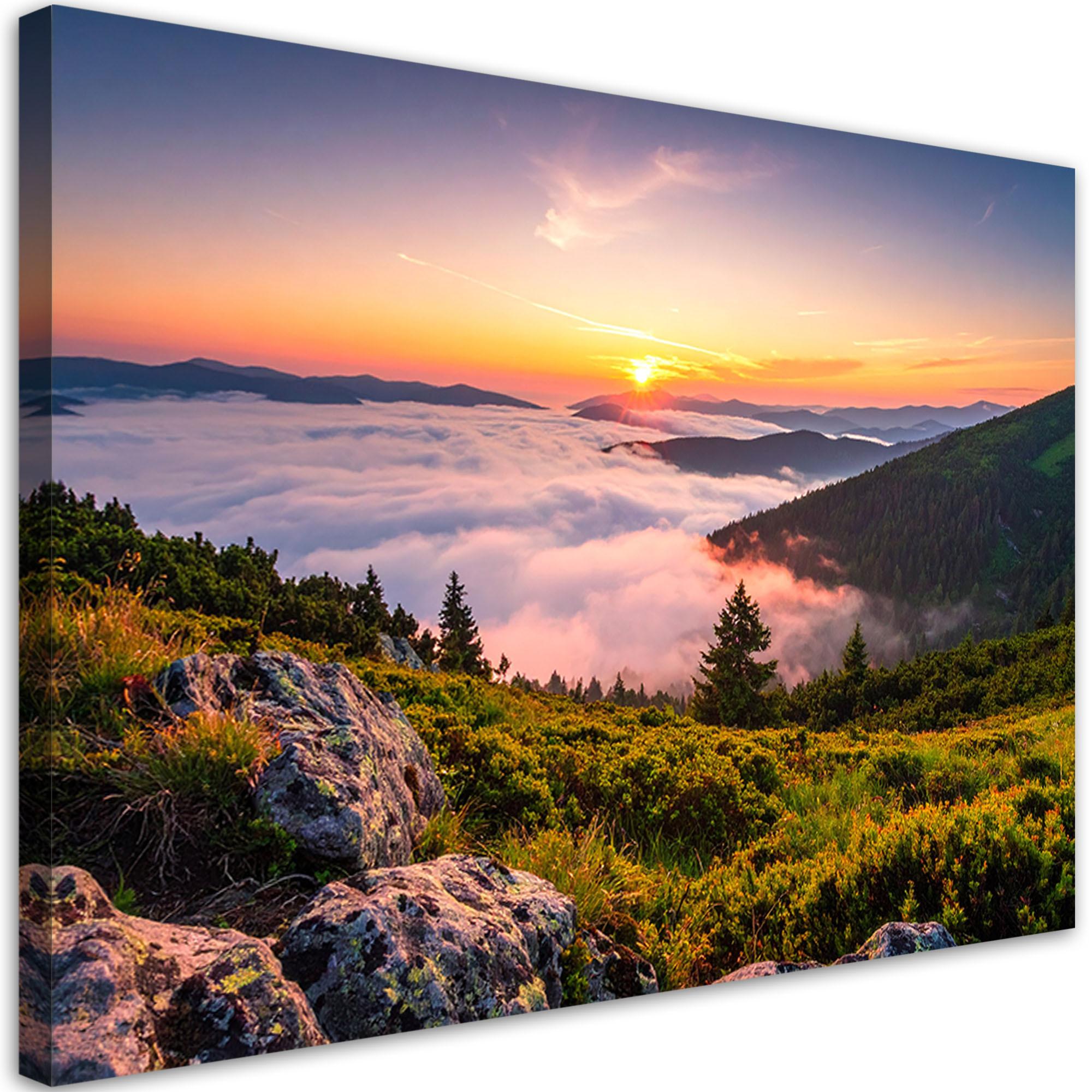 LEINWANDBILD Landschaft Berge im Nebel Sonnenuntergang 60x40cm - Multicolor, Textil (60/40cm) - Feeby