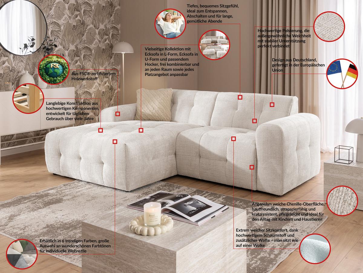 ECKSOFA Kozy im Bumpy-Design mit fester Rückenlehne aus weichem Beige Chenille-Stoff - Ottomane links - Beige/Creme, Holz/Kunststoff (161/234cm) - S-Style Möbel