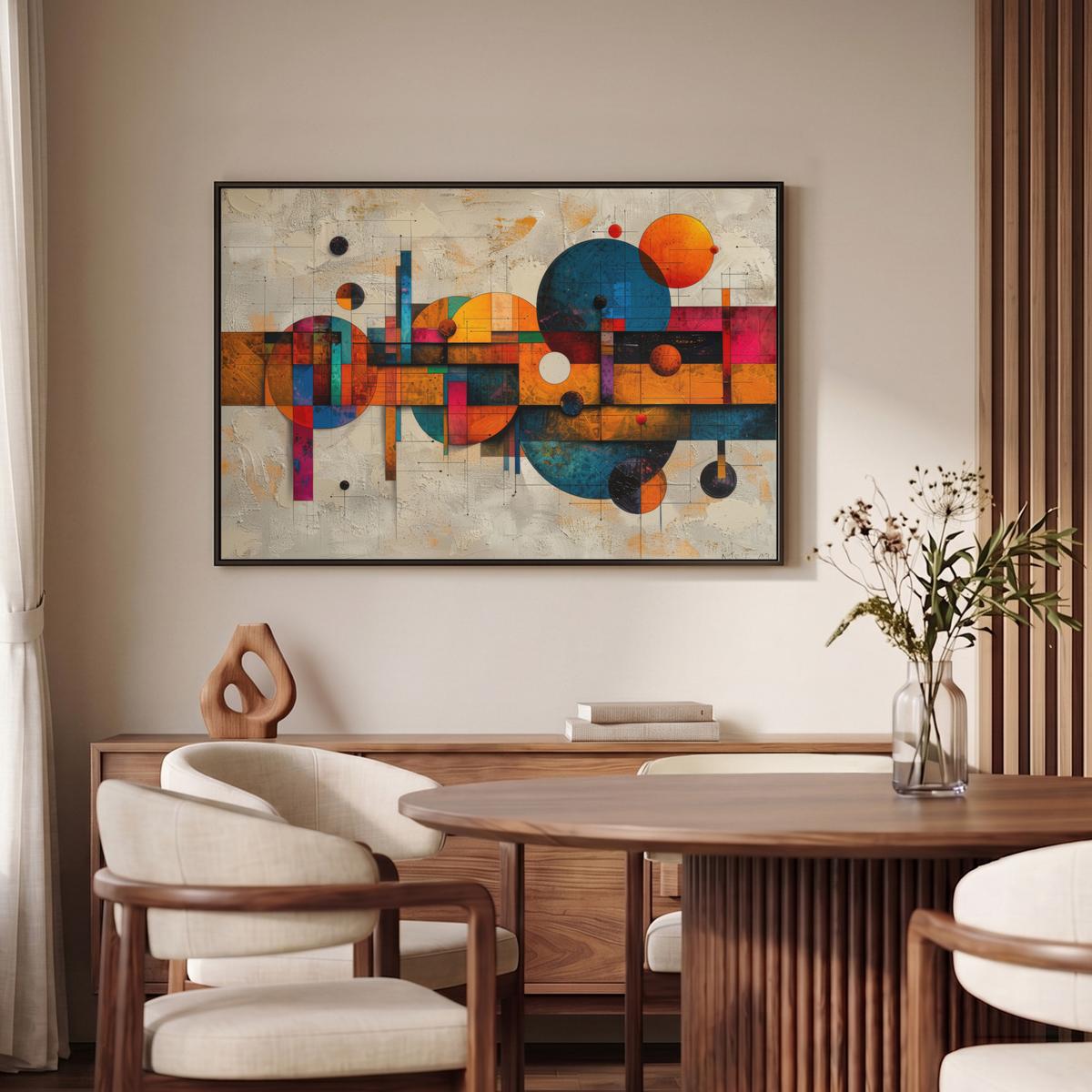 LEINWAND Bilder mit Rahmen - Vintage - Moderne Kunst - Orange - Geometrische Formen - 90x60 - Multicolor, Textil (90/60cm) - MuchoWow