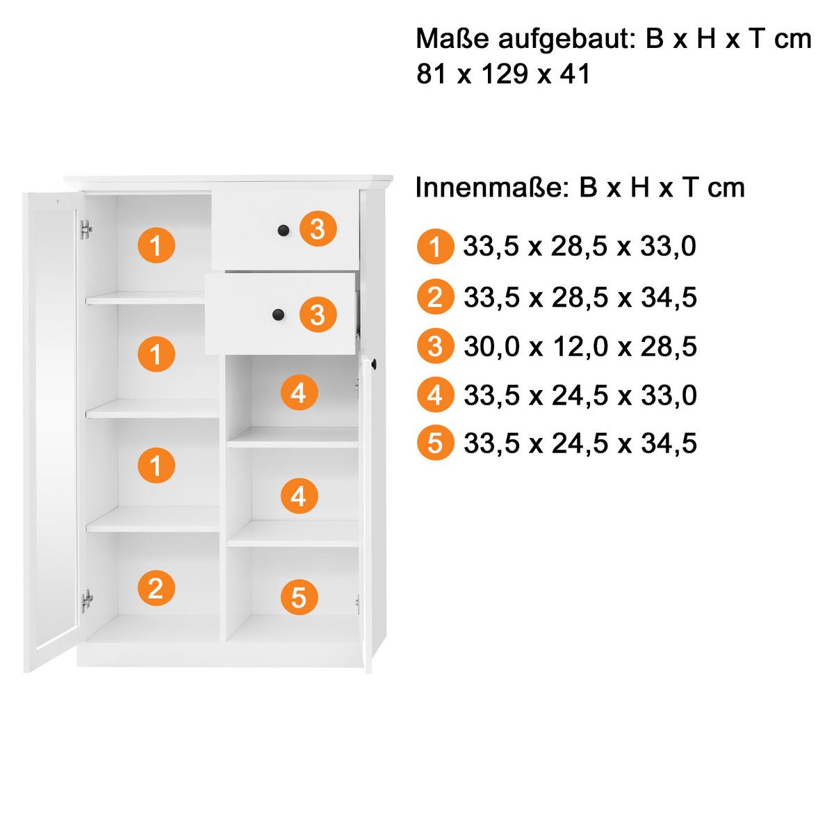 HIGHBOARD weiß matt 81 x 129 cm, Kommode im Landhaus-Stil - Silberfarben/Weiß, Glas/Holzwerkstoff (81/129/41cm) - Top.Furn