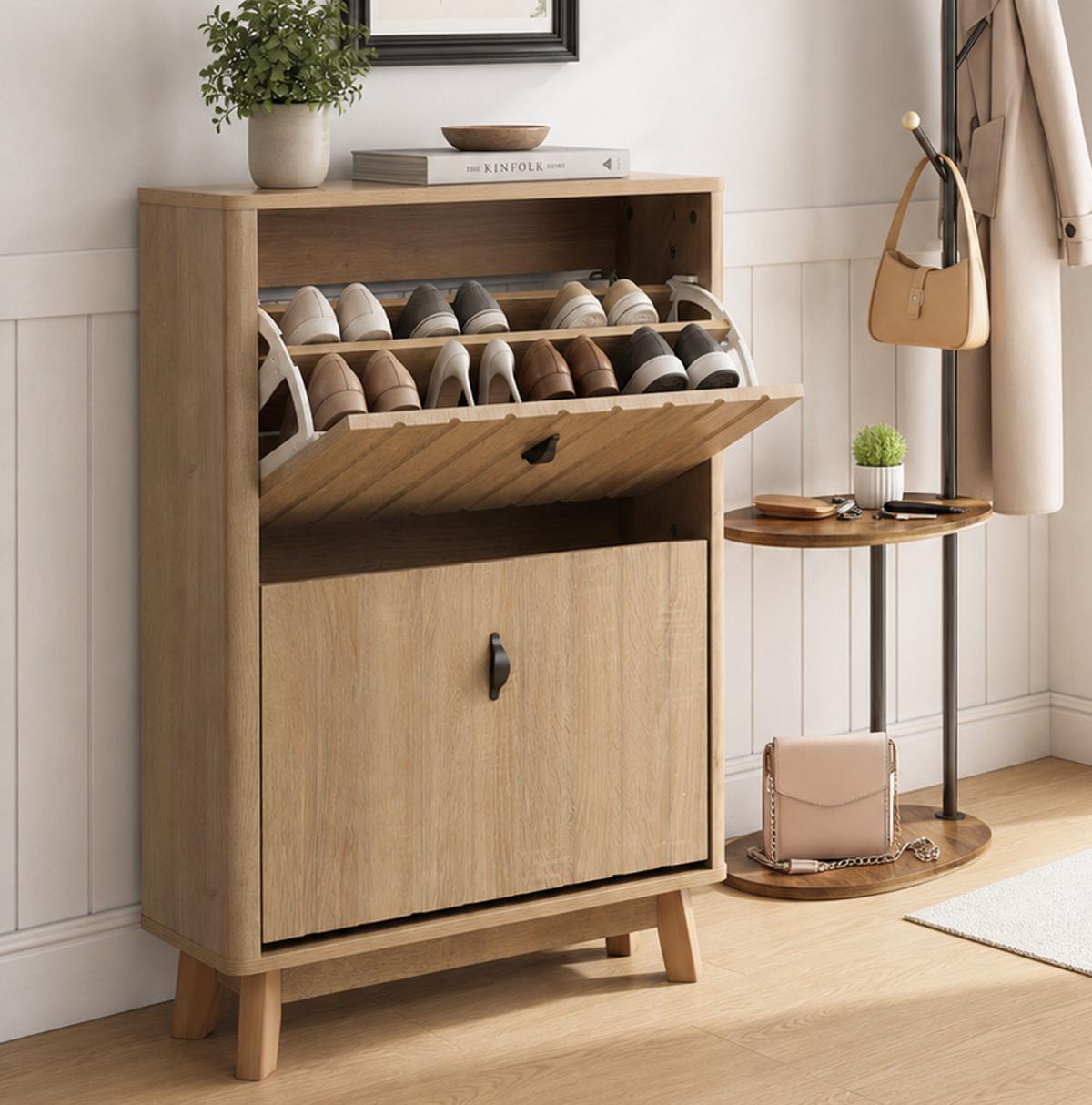SCHUHESCHRANK Eichenfarben Mit Kippfach & Schranktür Mid-Century - Eichefarben, Holzwerkstoff (60/94/24cm) - Urban Meuble