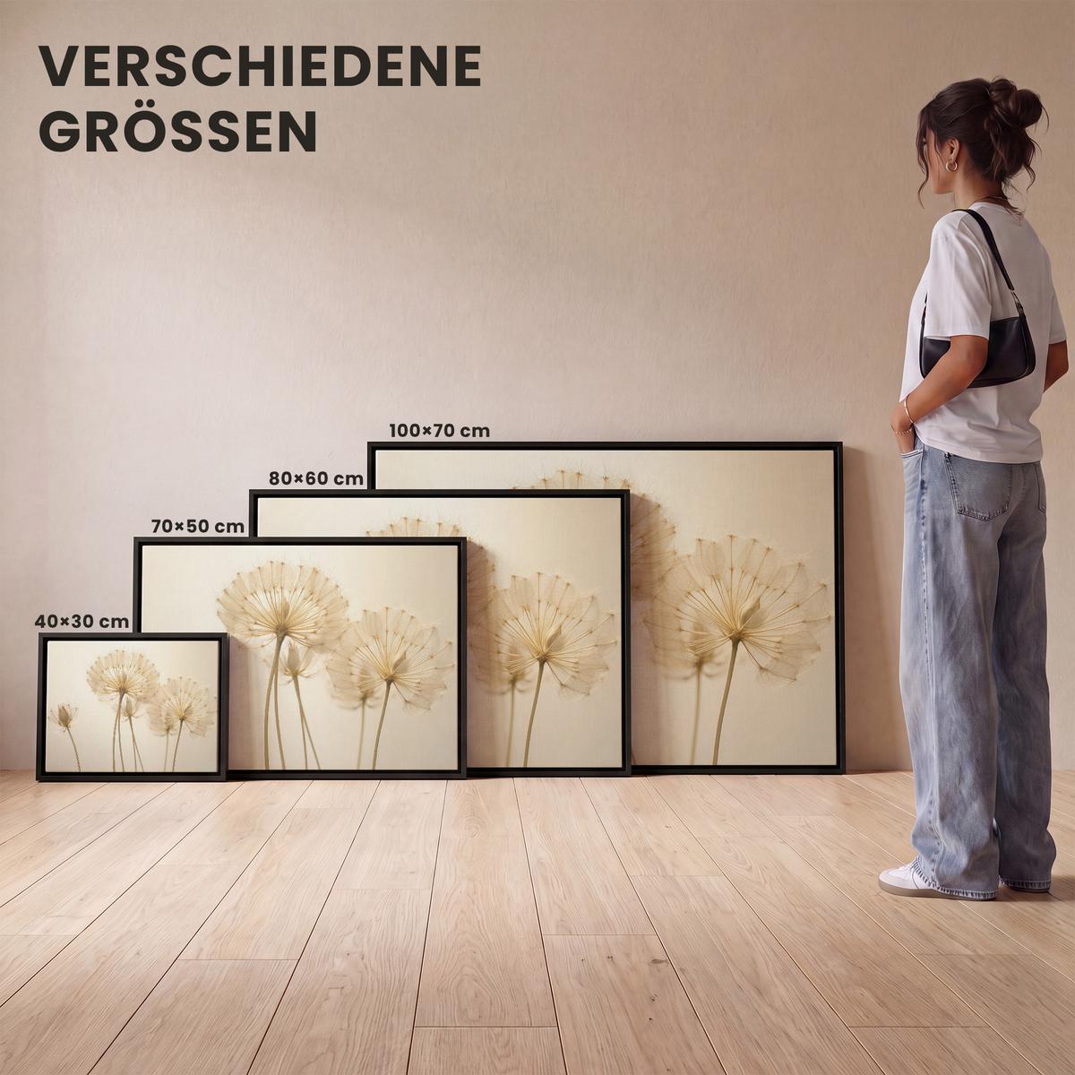LEINWAND Bilder mit Rahmen - Sonnenlicht - Löwenzahn - Botanisch - Blumen - 70x50 - Creme, Textil (70/50cm) - MuchoWow