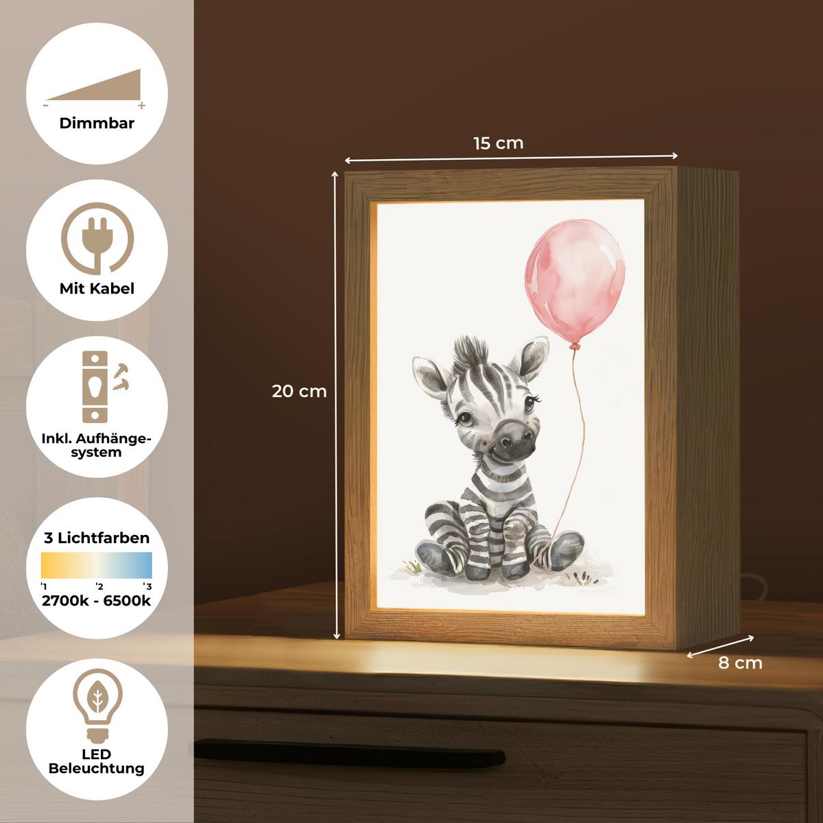 WANDLEUCHTE Zebra - Baby - Tiere - Rosa Luftballon 15x20 cm - Weiß, Holzwerkstoff (15/20/8cm) - OnlyWow