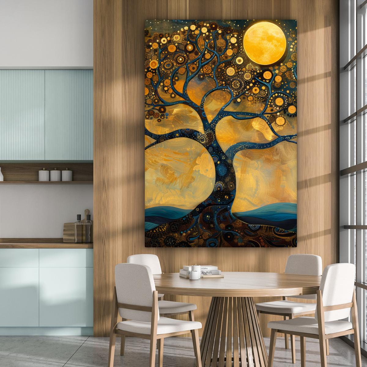 LEINWANDBILD Baum - Mond - Blumen - Gold - Kunst Deko Groß 90x140 cm - Orange, Textil (90/140cm) - MuchoWow